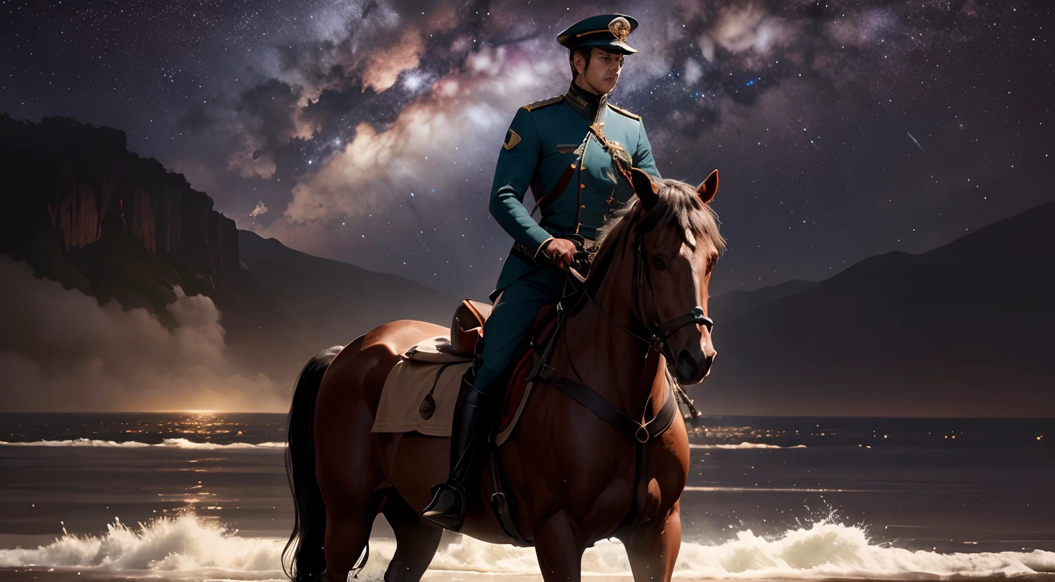 homem triste em uma guerra, (Quadruple water), (estrelas brilhantes), (cavalos), (celestial lighting)