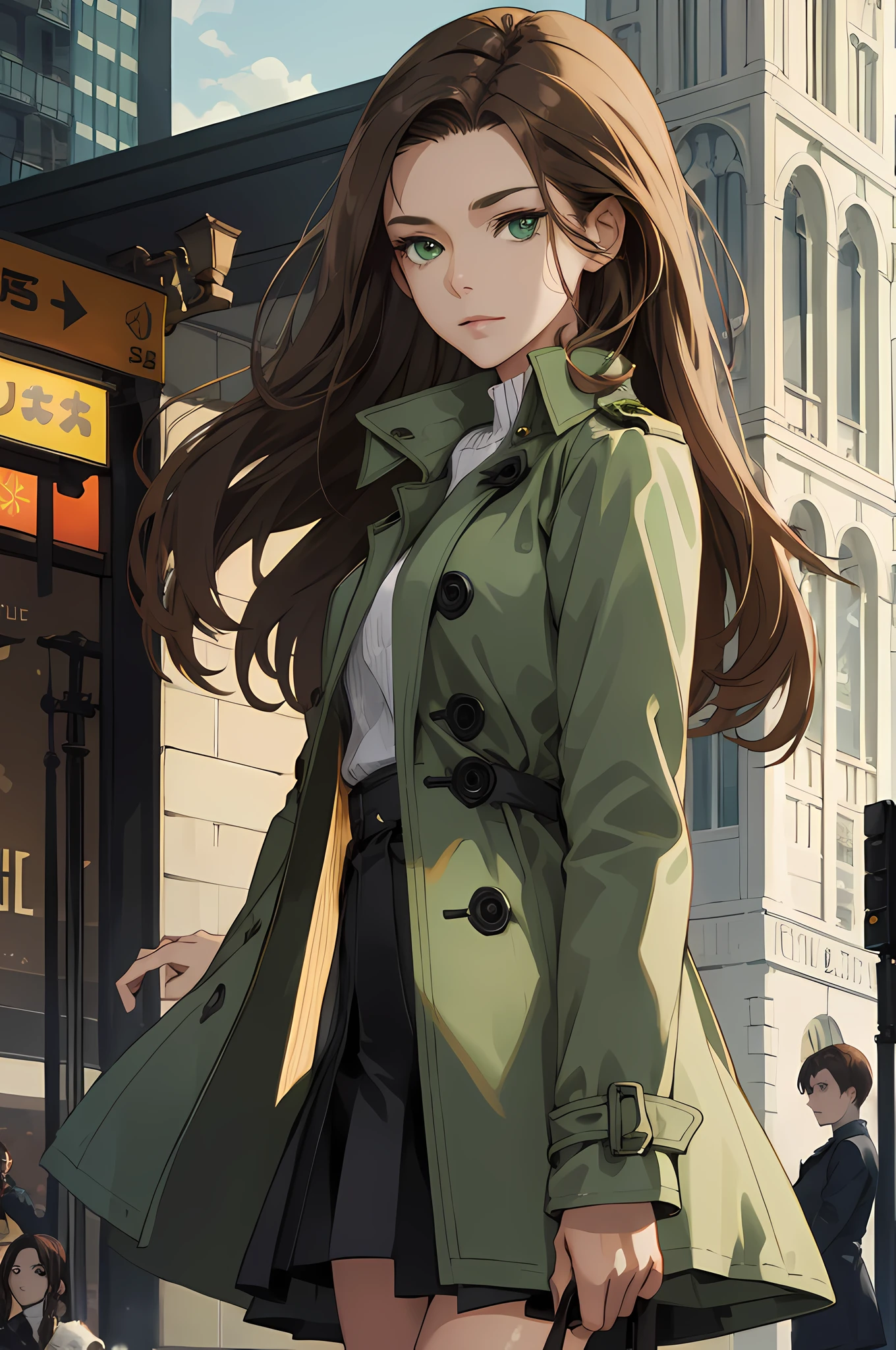 (highest resolution), best quality, masterpiece, a woman with brown hair, hair with a middle part, long trench coat, skirt, beautiful, light green eyes, calm expression, detailed background, close up, dynamic pose, bustling city, buildings