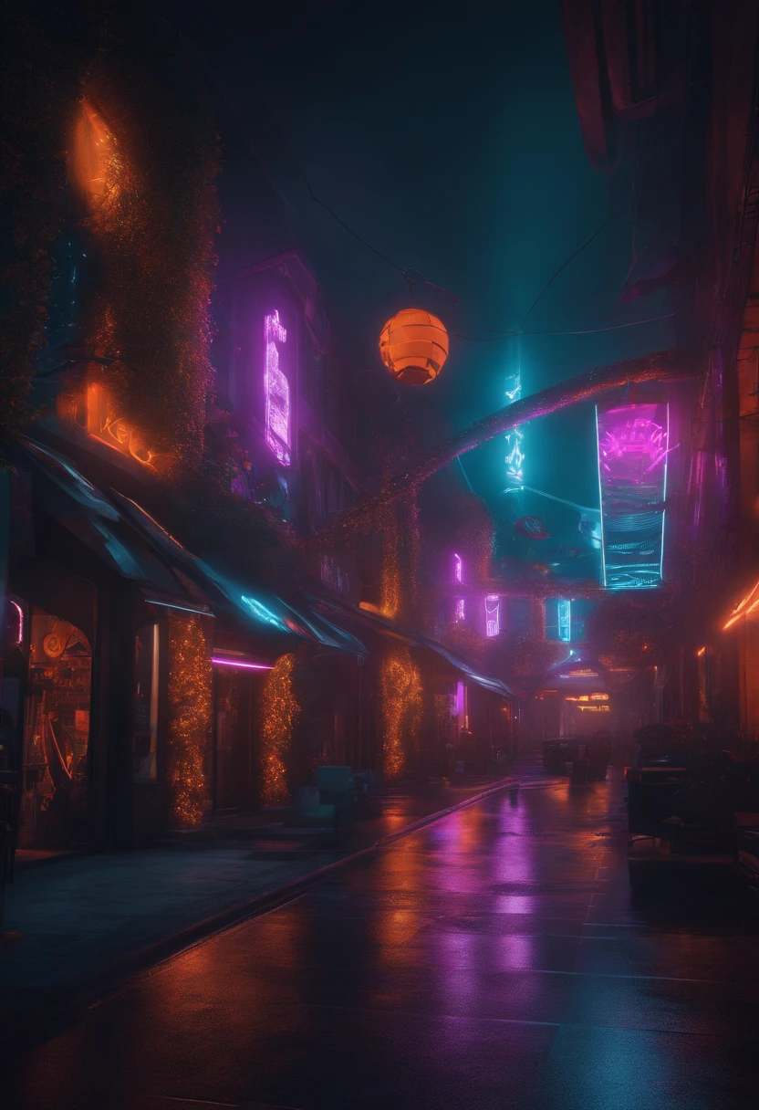 A futuristic street with Halloween decoration, cores neon, estilo cyberpunk, 8k