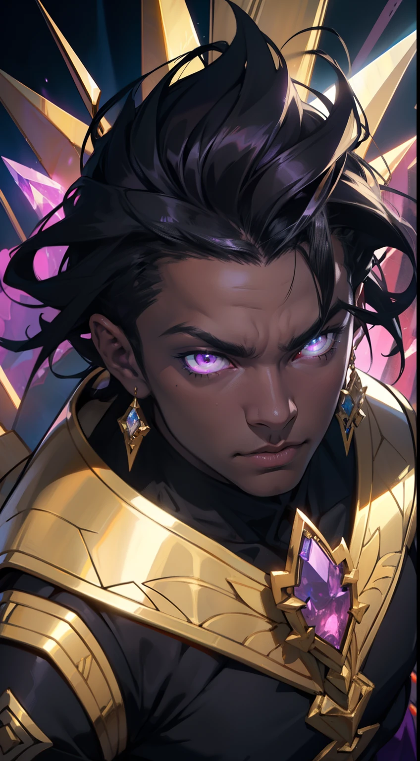 Dark skin man, glowing purple eyes, powerful, abstract black hair, male, anime style, 4k image, looking up, epic, cinematic, ground level shot, hot, crystal throne room background, wearing golden jewelry, wearing shiny glowing academia outfit, insanely detailed, cool details