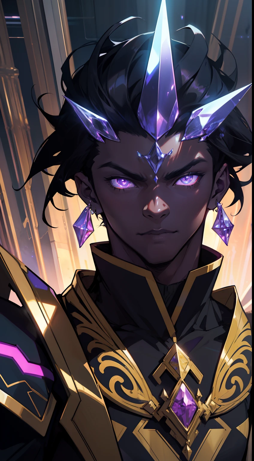 Dark skin man, glowing purple eyes, powerful, abstract black hair, male, anime style, 4k image, looking up, epic, cinematic, ground level shot, hot, crystal throne room background, wearing golden jewelry, wearing shiny glowing academia outfit, insanely detailed, cool details