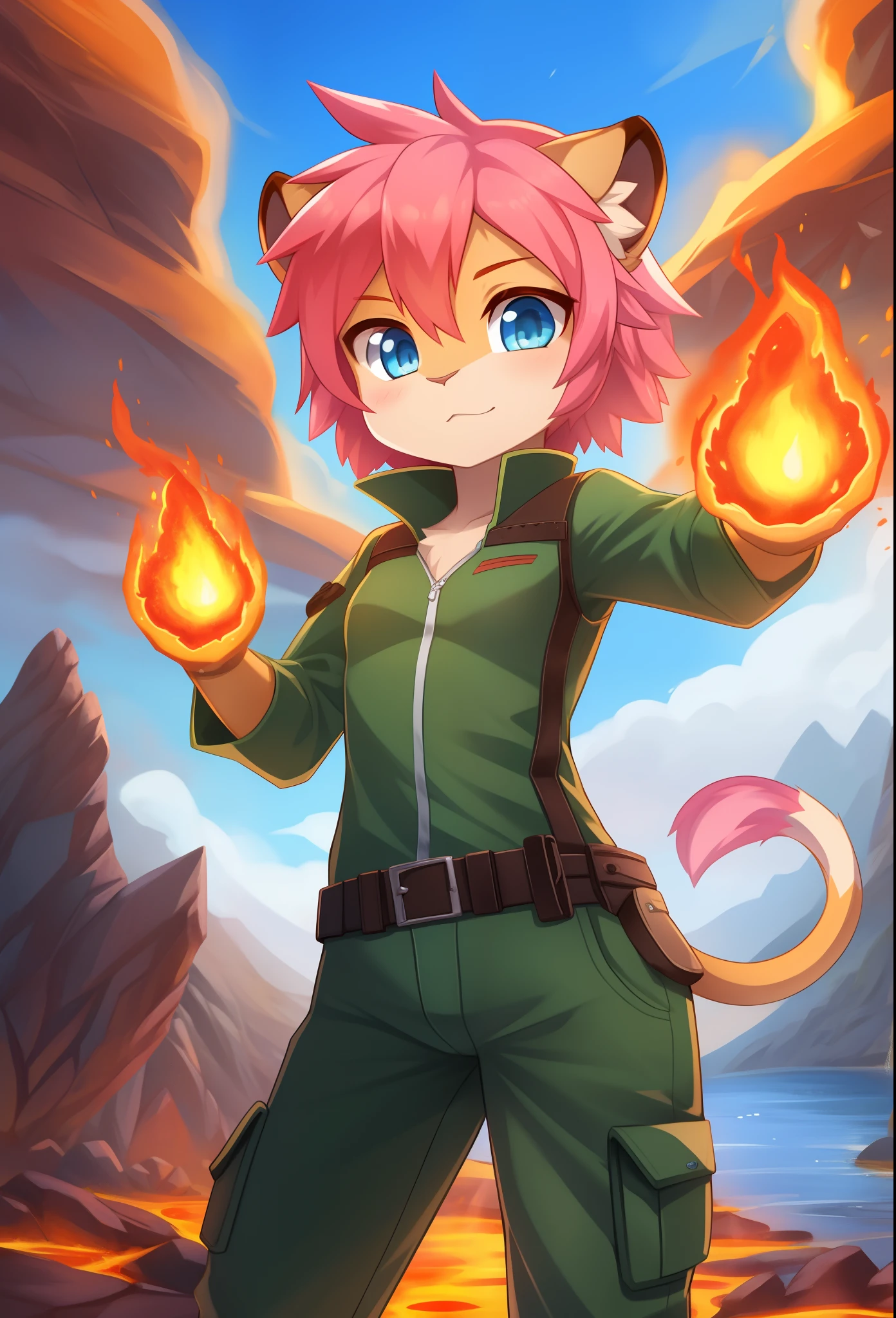 Furry girl, young, lioness, clear orange body fur, clear blue eyes, fire hair, spiky hair style, pink hair, small breasts, Green military Jacket, Green military pants, vulcano, clear Sky, fire Magic arround body, lava aura, fire on palm hands, detailed body fur, detailed body, detailed face, detailed eyes, glistering body, shiny body, skinny, high quality, masterpiece,