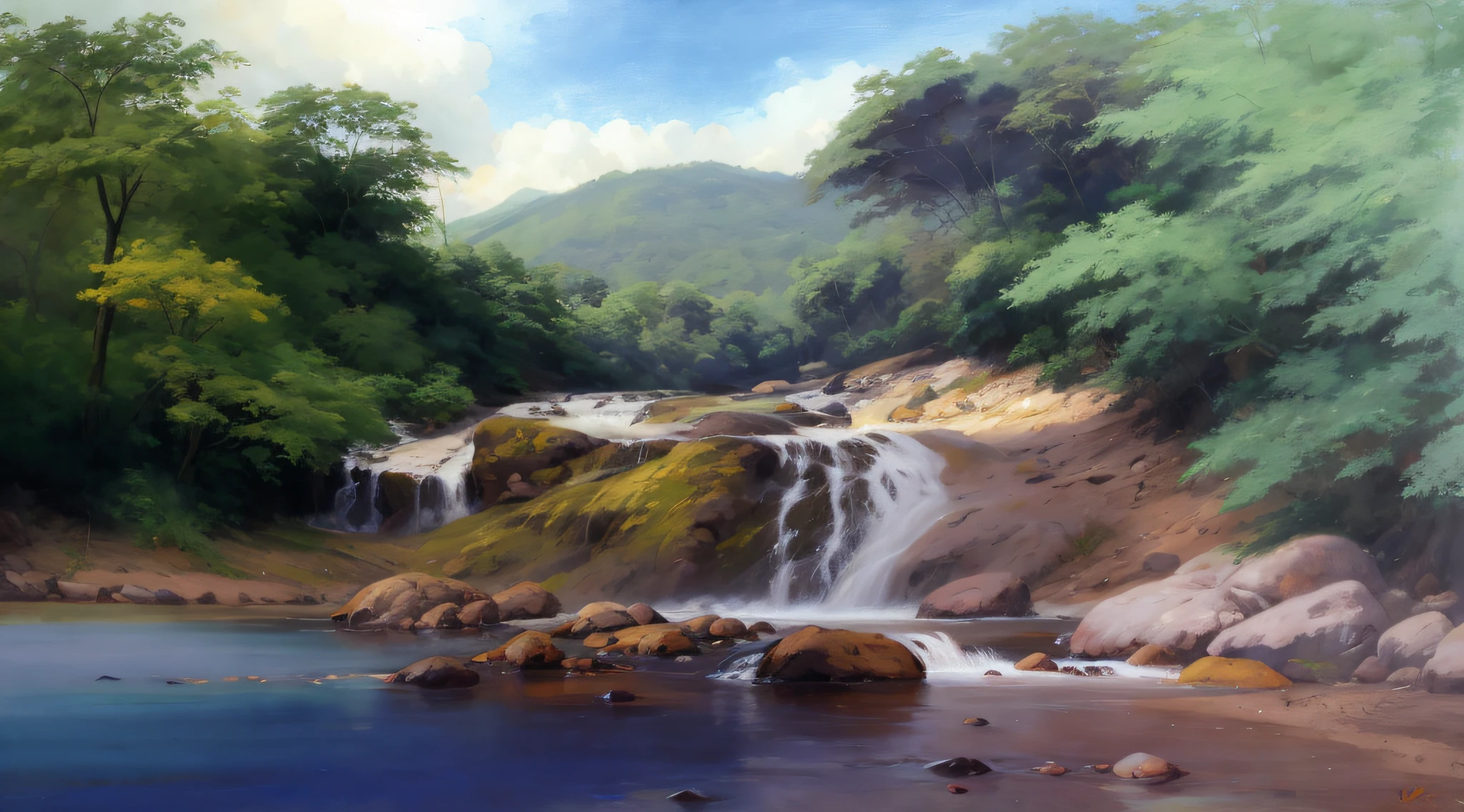 painting of a waterfall in a forest with stones and trees, 8k resolution digital painting, 8k resolution digital painting, pintura digital bonita, lindo pintura digital, pintura digital de alta qualidade, Pintura digital 4k, Pintura digital 4K, pintura digital impressionante, Pintura digital 8k, smooth oil painting, estilo de pintura wlop, oil digital painting, Pintura Digital de Alto Detalhe