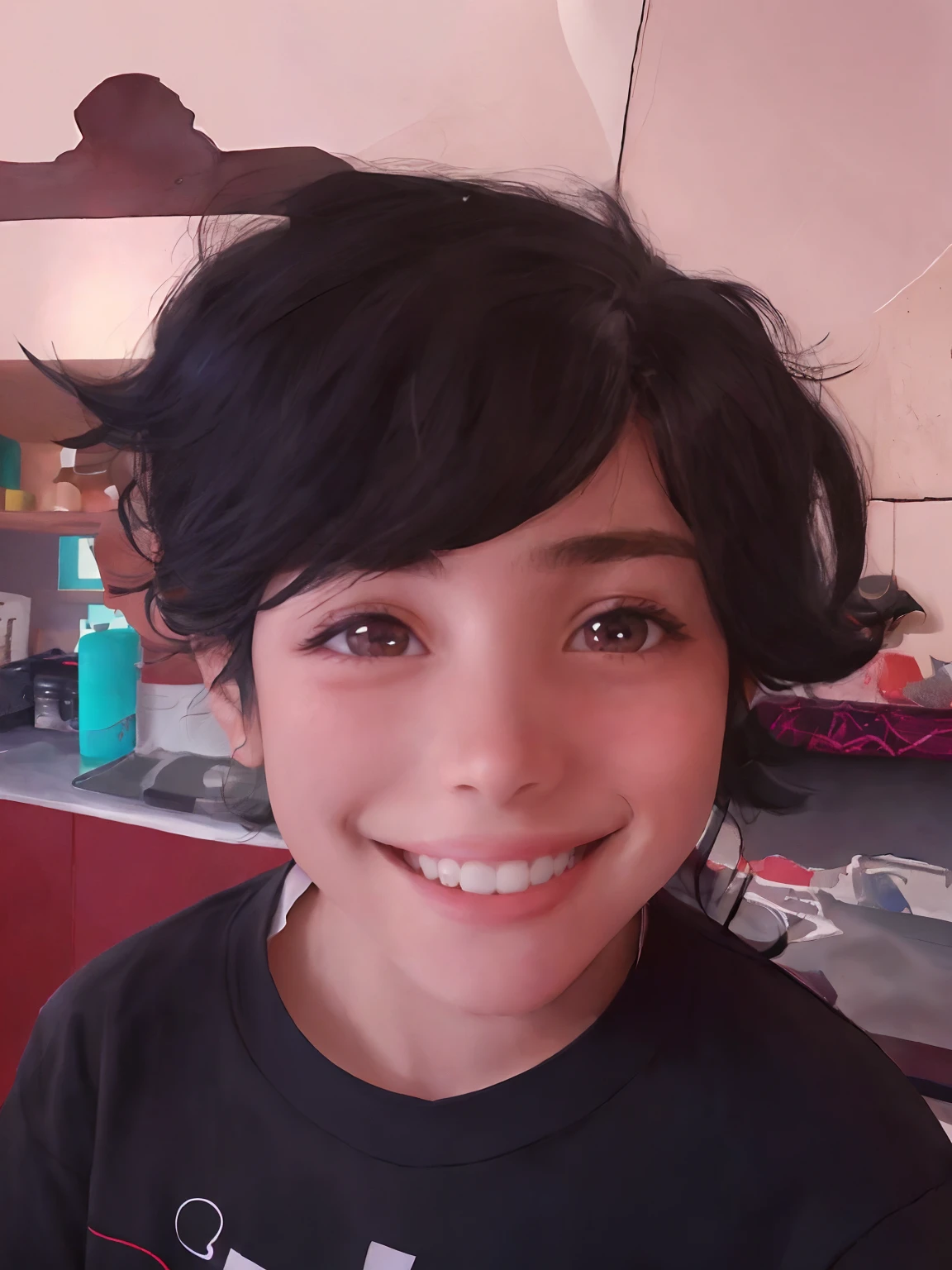 Smiling girl with black hair and a black shirt in a room, alanis guillen, she is about 1 6 years old, cabello negro y ojos grandes, 1 / 2 disparos en la cabeza, 1 / 4 disparos en la cabeza, Ella tiene el pelo negro con flequillo, Chica con cabello negro, happily smiling at the camera, boy has short black hair, Gran sonrisa en su rostro