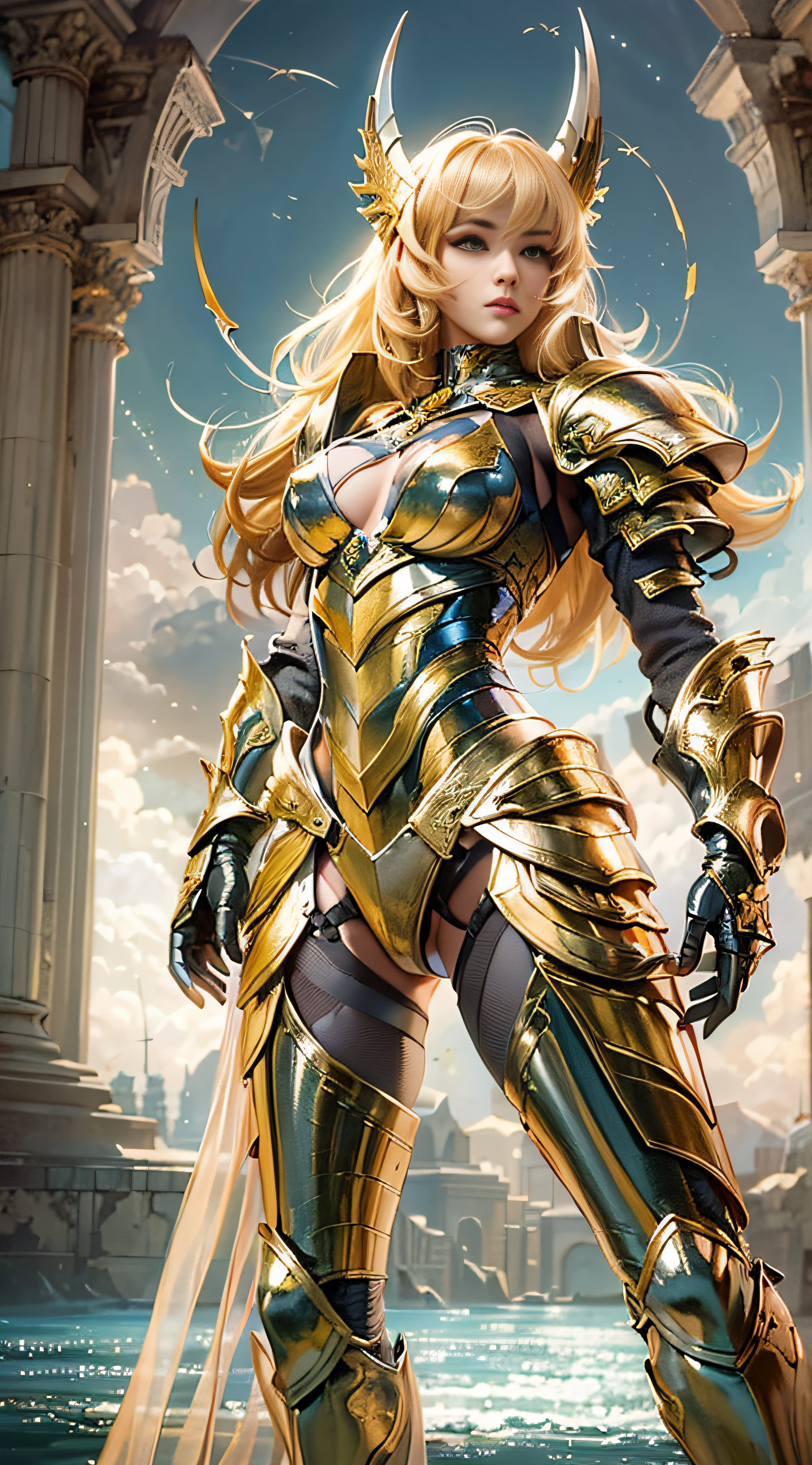 Ultra-high saturation(tmasterpiece), fully body photo,(best qualtiy), (1girll), Wearing shiny gold armor, Sexy lingerie type armor,Expose your chest,Expose the waistline,Exposing thighs,cool-pose, Saint Seiya armor, coiffed blonde hair,high detal, Anime style, Cinematic lighting, Sparkle, god light, Ray traching, filmgrain, hyper HD, textureskin, super detailing, Anatomical correct, A high resolution,Ultra-high saturation,hight contrast,High-gloss armor,Smooth skin,An insidious sneer,realisticlying,(tmasterpiece,top Quority,best qualtiy,offcial art,Beauty and aesthetics:1.2),The is very detailed,s fractal art,Extremely colorful,full-body portraits, stunningly beautiful, dynamicposes, delicated face, Vivid eyes,