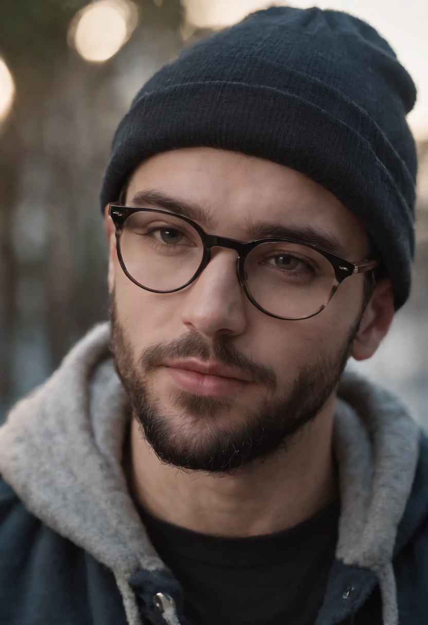 Um homem muito gordo de 30 anos, bonnet, eyeglass, barba grande, barba preta, corpo inteiro, roupa no estilo hip Hop, pele branca, realismo, cinemactic, 8k, ::n_ desenho, Imperfections, baixa qualidade, boneco, anime, jogo, texto, assinatura