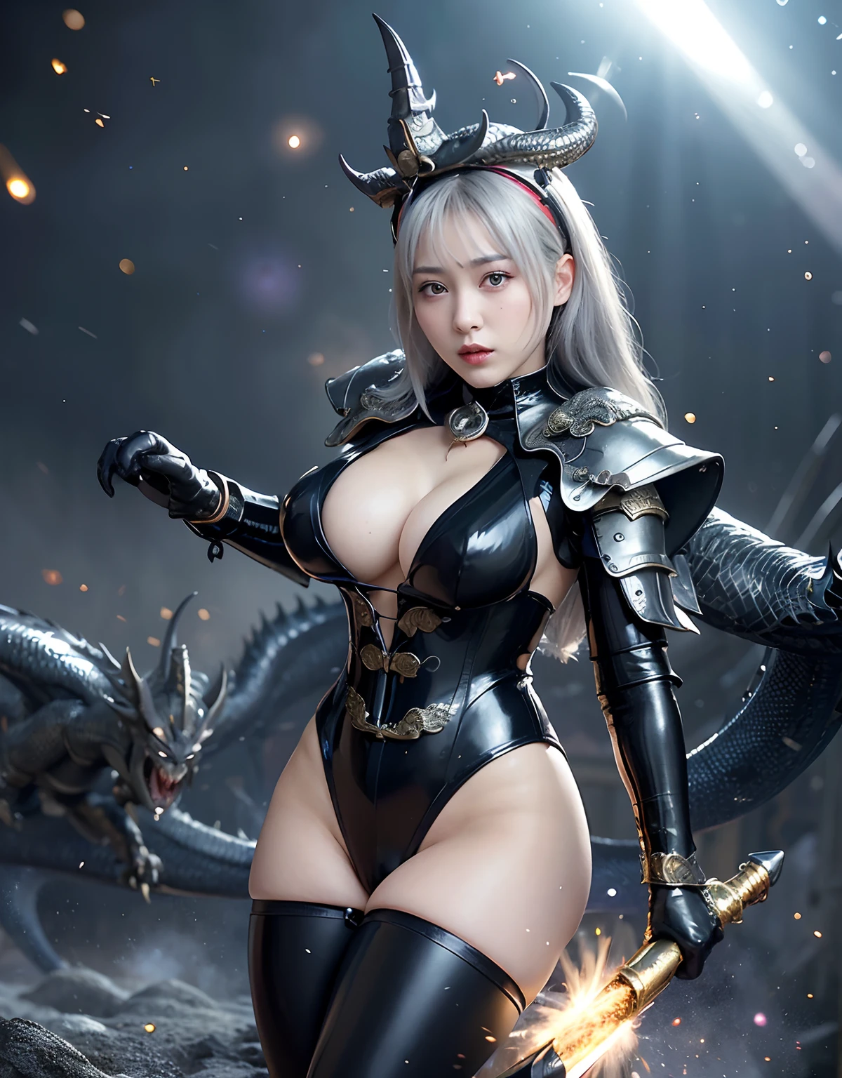 ((World of Darkness)),Professional , ​masterpiece、top-quality、photos realistic , depth of fields 、Golden Magic Wand、(((Fight dragons))),（Dragon Black Metal Body:1.9),(latex black-blue、（cleavage of the breast）,（Fight dragons）、、(((Particles of light))),（Micro Bikini Armor:1.7),Gorgeous gold weapons ,（Fight dragons）、Seductive look、The face of the dragon is out、（blood splattere、Armpit、（(((With a magic wand))), ） , (((Wearing a black latex wizard hat))),（demonic wings）   ,（（a blond））、（Castle background）、（（Gangle's forest background））、Beautiful Caucasian beauty、１a person、Armpit、dynamic ungle,(((Detailed Silver Dragon Wizard Hat)))、Smaller head、A smile、Castle background、Thin and beautiful female hands、cleavage of the breast、Soldier in iron armor on background、Mystical expression、Light Effects、intense fighting、Wind-effect、magic circles、With the legendary magic wand、Dragon's tail、explosions、Toostock、Toostock、(Beautuful Women),