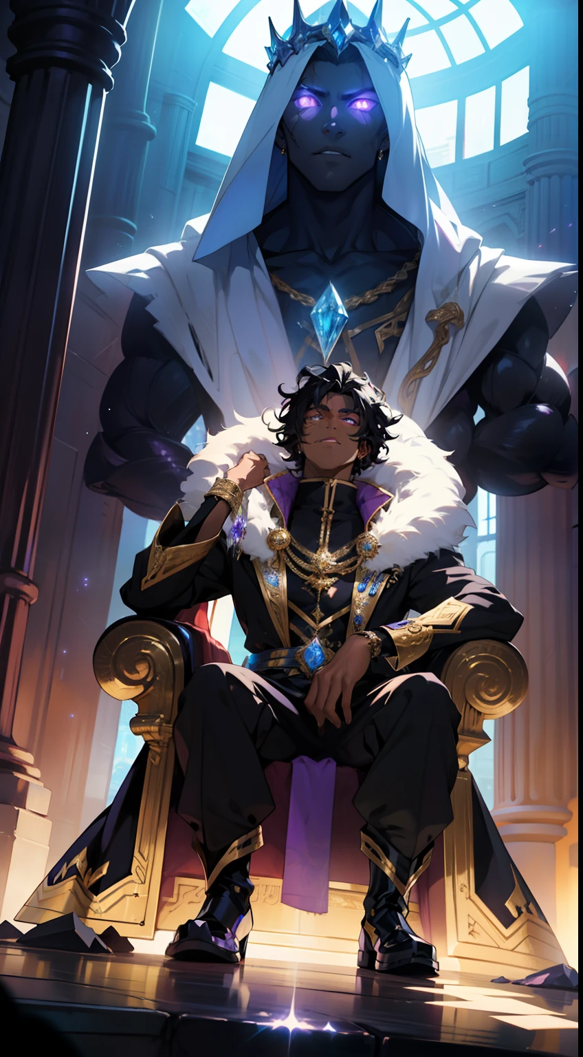 Dark skin man, glowing purple eyes, powerful, curly black hair, male, anime style, 4k image, looking up, epic, cinematic, ground level shot, hot, crystal throne room background, wearing golden jewelry, wearing shiny glowing academia outfit, insanely detailed, cool details