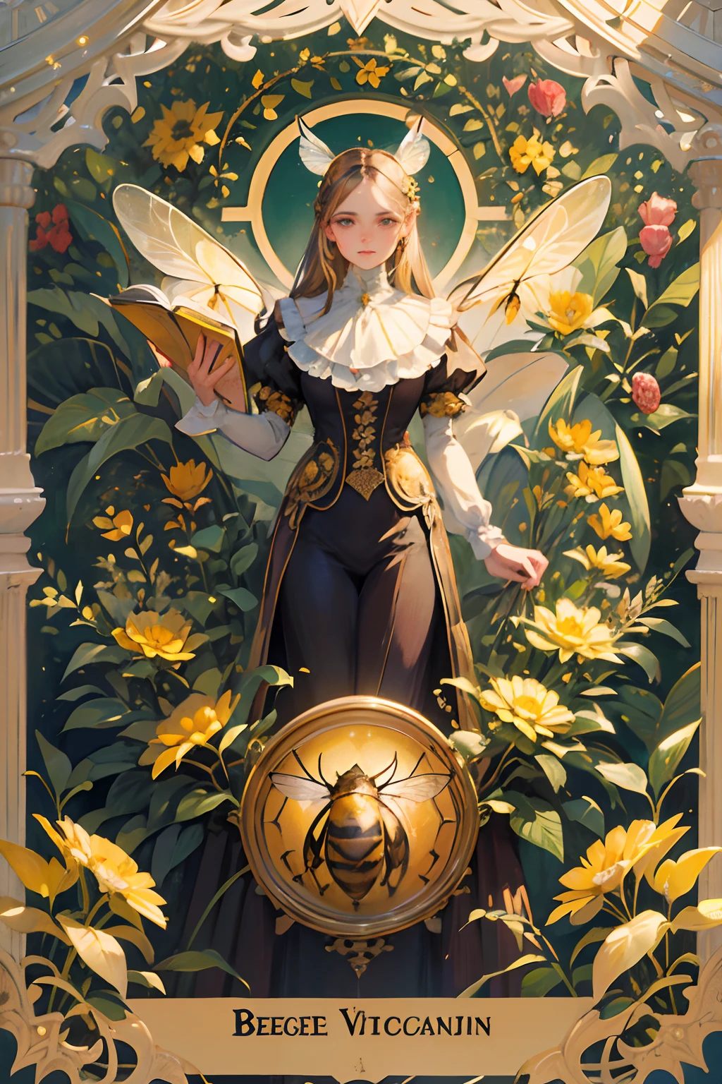 Vintage Victorian style Precise vintage encyclopedia (best quality:1.2), (detailed:1.2), (masterpiece:1.2), vintage illustrations of bees, ((bee)), big bee in the middle