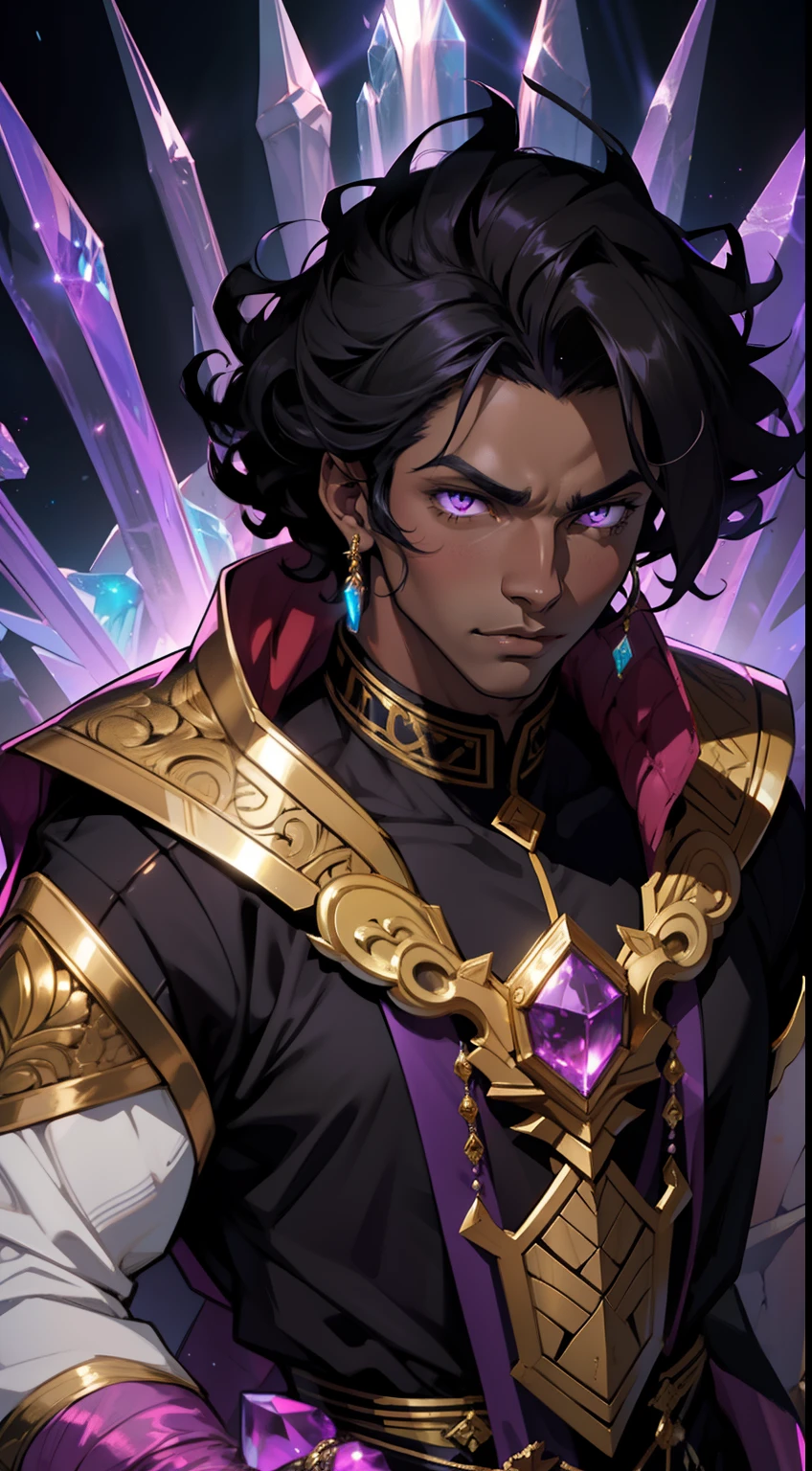 Dark skin man, glowing purple eyes, powerful, curly black hair, male, anime style, 4k image, looking up, epic, cinematic, hot, crystal throne room background, wearing golden jewelry, wearing shiny glowing academia outfit, insanely detailed, cool details