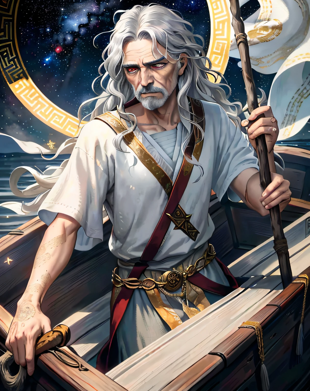 extremely detailed, hyper detailed, (PERFECT FACE), ((detailed eyes)) illustration, low lighting, 2d, intricate, detailed eyes, sexy, toned, (outside), White hair, red eyes. Surrounded by white and silver and gold nebulae, stars, sidereal winds and planets. ((extremely realistic shadows, masterpiece, extremely detailed, photorealistic)). A male god, god of the borders and limits of the world with the other world. (1 50-year-old man) ((50 years old)), traces of old age around his eyes, (tired eyes) Grumpy expression, long wavy hair, wears an ancient Greek tunic, dark gray skin, ((Gray skin )) old wooden boat holds an old, worn oar in his hands.
