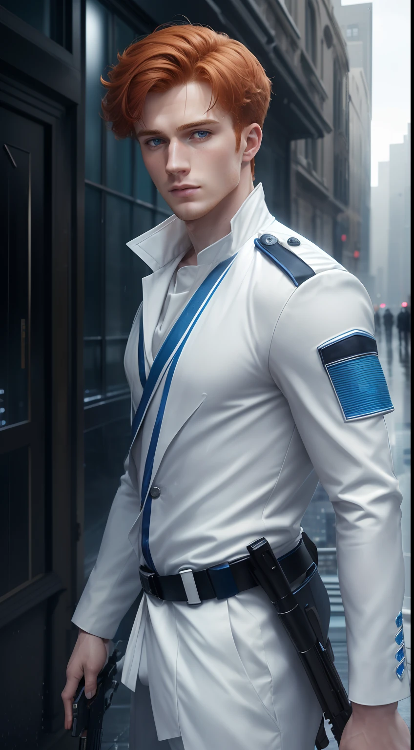 (A handsome 25 years old British male marksman), (short messy ginger hair), (pale skin), (wearing white and blue assassin outfit), (city at rain background), view from front, waist up shot, dynamic pose, ambient lighting, photo realism, intricate face detail, intricate hand details, highly detailed, vibrant colors, cinematic, high definition, trending on Artstation--style raw