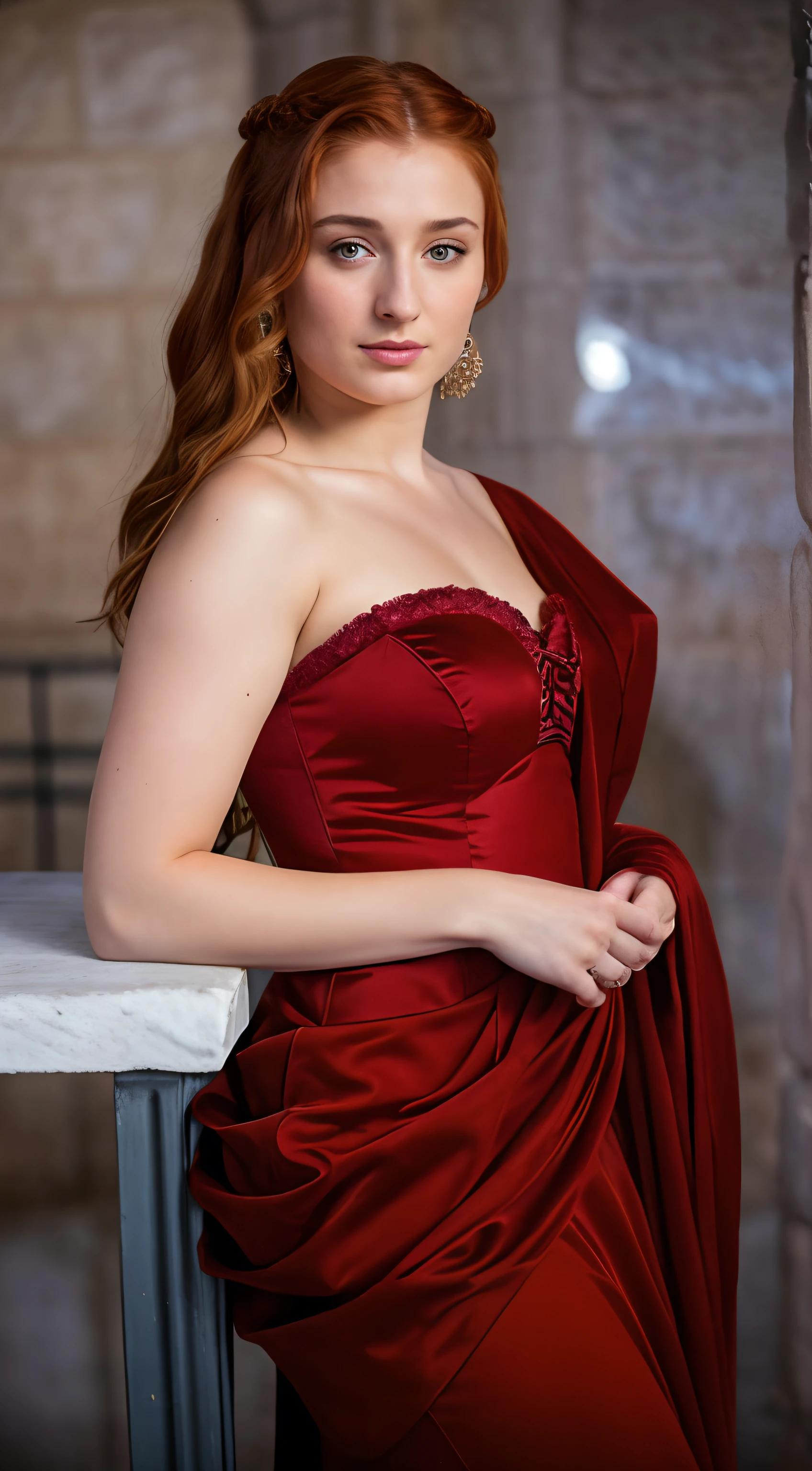 Foto RAW, Sansa Stark, Extremely gorgeous lady, Sansa Stark PLAYED BY Sophie Turner, Queen Sansa Stark, she is a mature woman now, milf, sexy mediaeval battle dress, gladiator woman, body, 45 years old Woman, body revealing costumes, perky breast, alluring figure, big natural breast, mediaeval costumes, mediaeval queen dress, erotic costumes, lusty physique, seductive figure can capture every people's attention, Game of thrones costumes, revealing captivating figure, Mediaeval costumes, revealing clothes, A tomboy, she would rather fence than dance, warrior queen , beautiful styled hair, game of thrones screen caps, Game of Thrones Series, (pele altamente detalhada: 1.2), 8k UHD, DSLR, soft-lighting, alta qualidade, grain of film, Fujifilm XT3