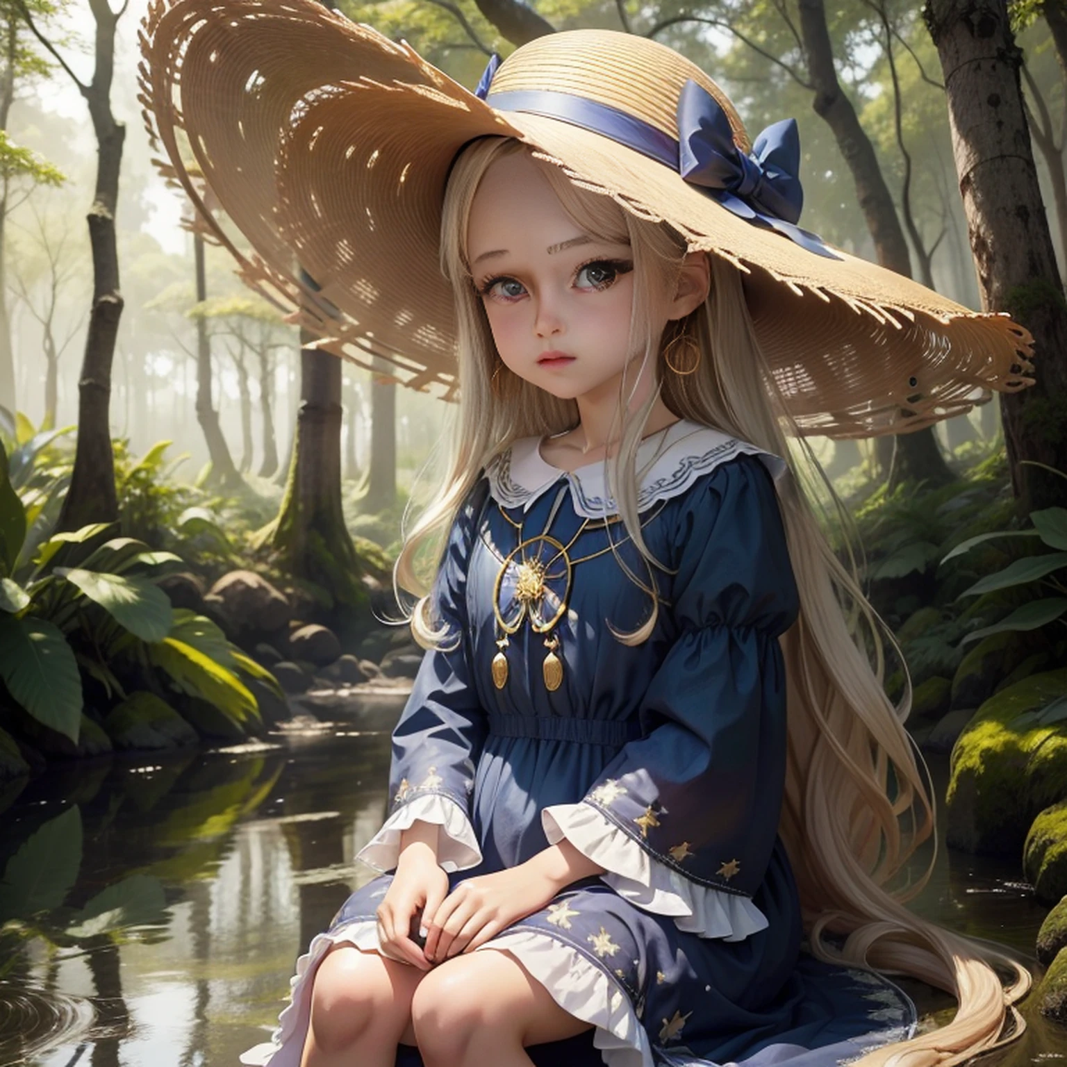 uma ,beautiful face,Olhos brilhantes bonitos,longos cabelos loiros,Wearing a large-brimmed hat、Golden Hair Accessories and Star Earrings,Um lindo vestido azul,The dress is decorated with gold patterns and lace finish。Sit quietly at the water's edge in the forest,A floresta tem flores, trees and rivers。The sun shines through the trees, casting of gloss stains。The whole forest is sparkling,master part,Best quality at best