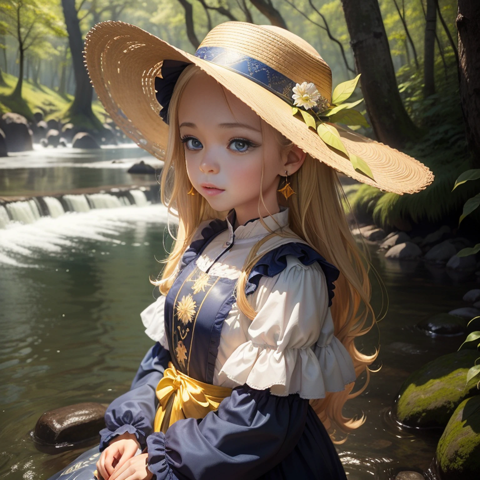uma ,beautiful face,Olhos brilhantes bonitos,longos cabelos loiros,Wearing a large-brimmed hat、Golden Hair Accessories and Star Earrings,Um lindo vestido azul,The dress is decorated with gold patterns and lace finish。Sit quietly at the water's edge in the forest,A floresta tem flores, trees and rivers。The sun shines through the trees, casting of gloss stains。The whole forest is sparkling,master part,Best quality at best