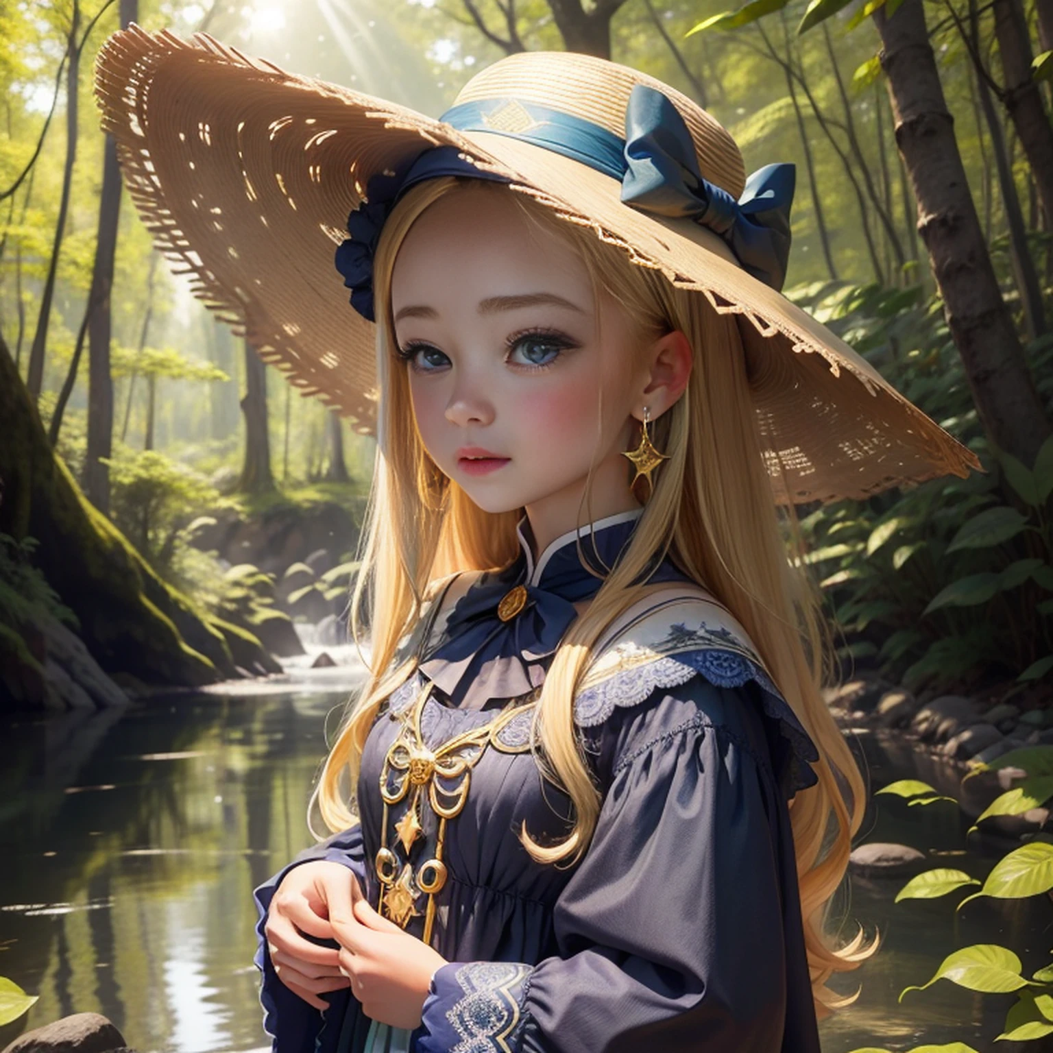 uma ,beautiful face,Olhos brilhantes bonitos,longos cabelos loiros,Wearing a large-brimmed hat、Golden Hair Accessories and Star Earrings,Um lindo vestido azul,The dress is decorated with gold patterns and lace finish。Sit quietly at the water's edge in the forest,A floresta tem flores, trees and rivers。The sun shines through the trees, casting of gloss stains。The whole forest is sparkling,master part,Best quality at best
