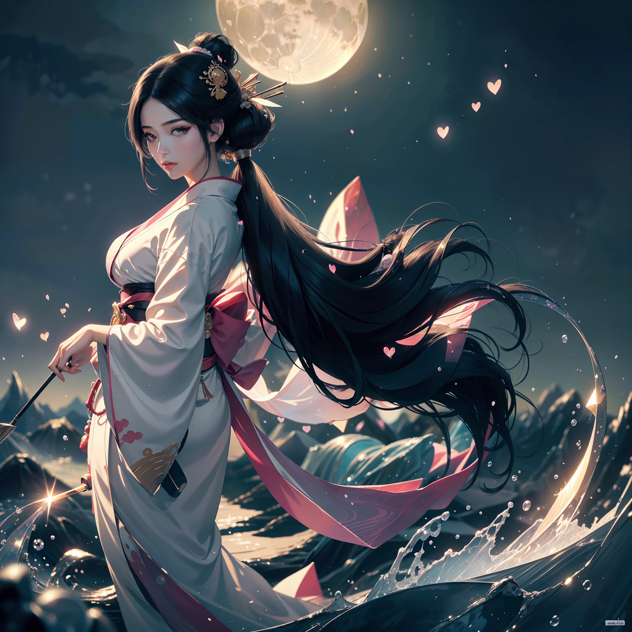 watching at viewers、moon in background、poneyTail、Woman with shiny black hair、((Gorgeous kimono))、Depict a beautiful and graceful woman of Japan。Heart in the eye。full body Esbian。 Beautiful anime art wallpaper 8k, beautiful fantasy anime, Beautiful anime, Detailed anime artwork.Blur the background with a sickle,((masterpiece)), ((best quality))