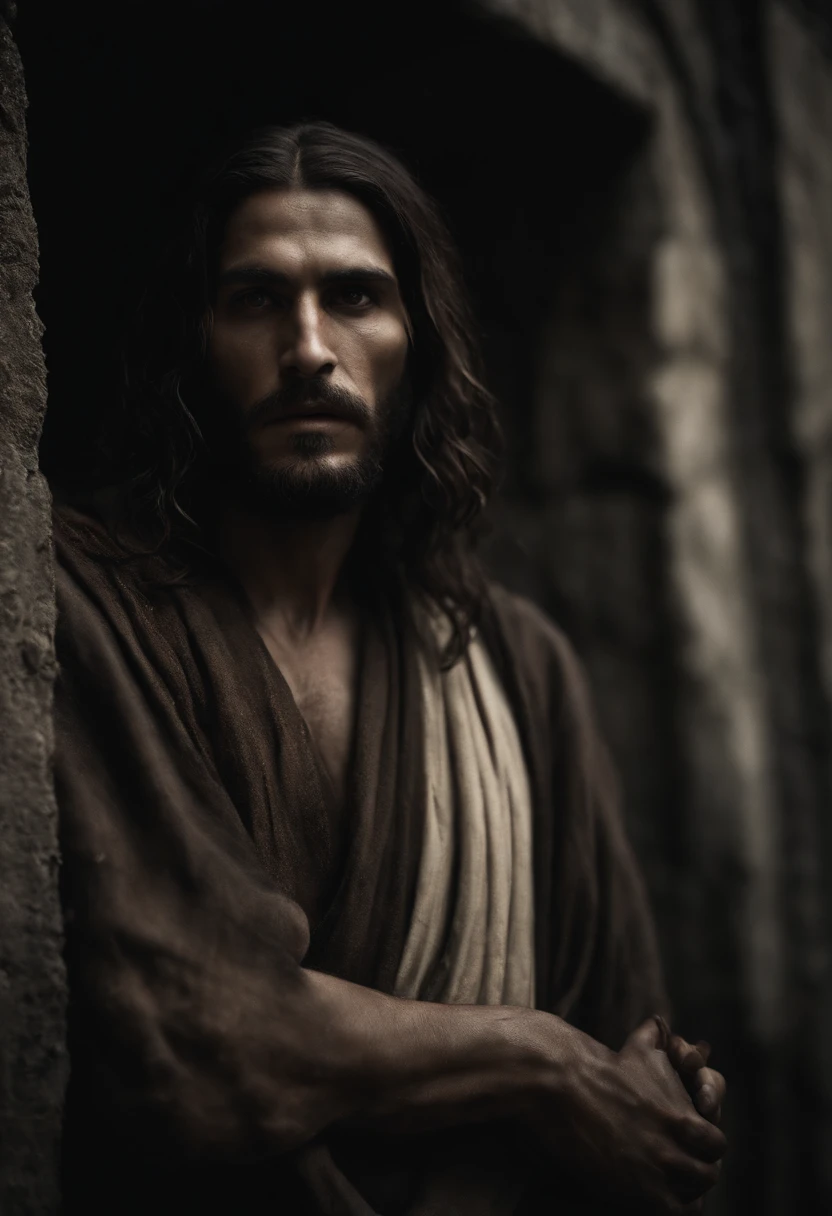 Jewish Jesus standing alone,outside,in the dark,a crown of thorns on His head,bruises on His face,His arm and torso bloody,scars,no shirt,head bowed,holy presence,sadness,pious expression,remorseful eyes,pale skin,long,flowing hair,tall,lean figure,dirt on His feet,rough terrain,soft moonlight,heavy shadows,ominous atmosphere,bare trees in the background,eerie silence,dim street lamp,glistening sweat on His forehead,dusty road,unforgiving environment,sorrowful aura,dramatic composition,gritty details,emotionally charged,mournful scene,profound depth,heart-wrenching moment,ethereal essence,dark ambiance,symbolic imagery,pain and suffering,symbolic representation,spiritual significance,religious iconography,biblical theme,religious devotion,intricate facial features,subtle textures,high resolution,photo-realistic rendering,masterpiece:1.2,vivid colors,surreal lighting.