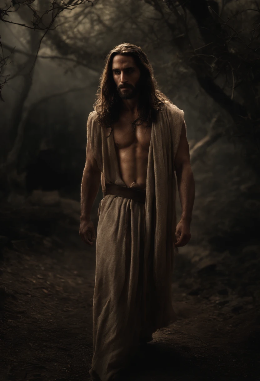 Jewish Jesus standing alone,outside,in the dark,a crown of thorns on His head,bruises on His face,His arm and torso bloody,scars,no shirt,head bowed,holy presence,sadness,pious expression,remorseful eyes,pale skin,long,flowing hair,tall,lean figure,dirt on His feet,rough terrain,soft moonlight,heavy shadows,ominous atmosphere,bare trees in the background,eerie silence,dim street lamp,glistening sweat on His forehead,dusty road,unforgiving environment,sorrowful aura,dramatic composition,gritty details,emotionally charged,mournful scene,profound depth,heart-wrenching moment,ethereal essence,dark ambiance,symbolic imagery,pain and suffering,symbolic representation,spiritual significance,religious iconography,biblical theme,religious devotion,intricate facial features,subtle textures,high resolution,photo-realistic rendering,masterpiece:1.2,vivid colors,surreal lighting.