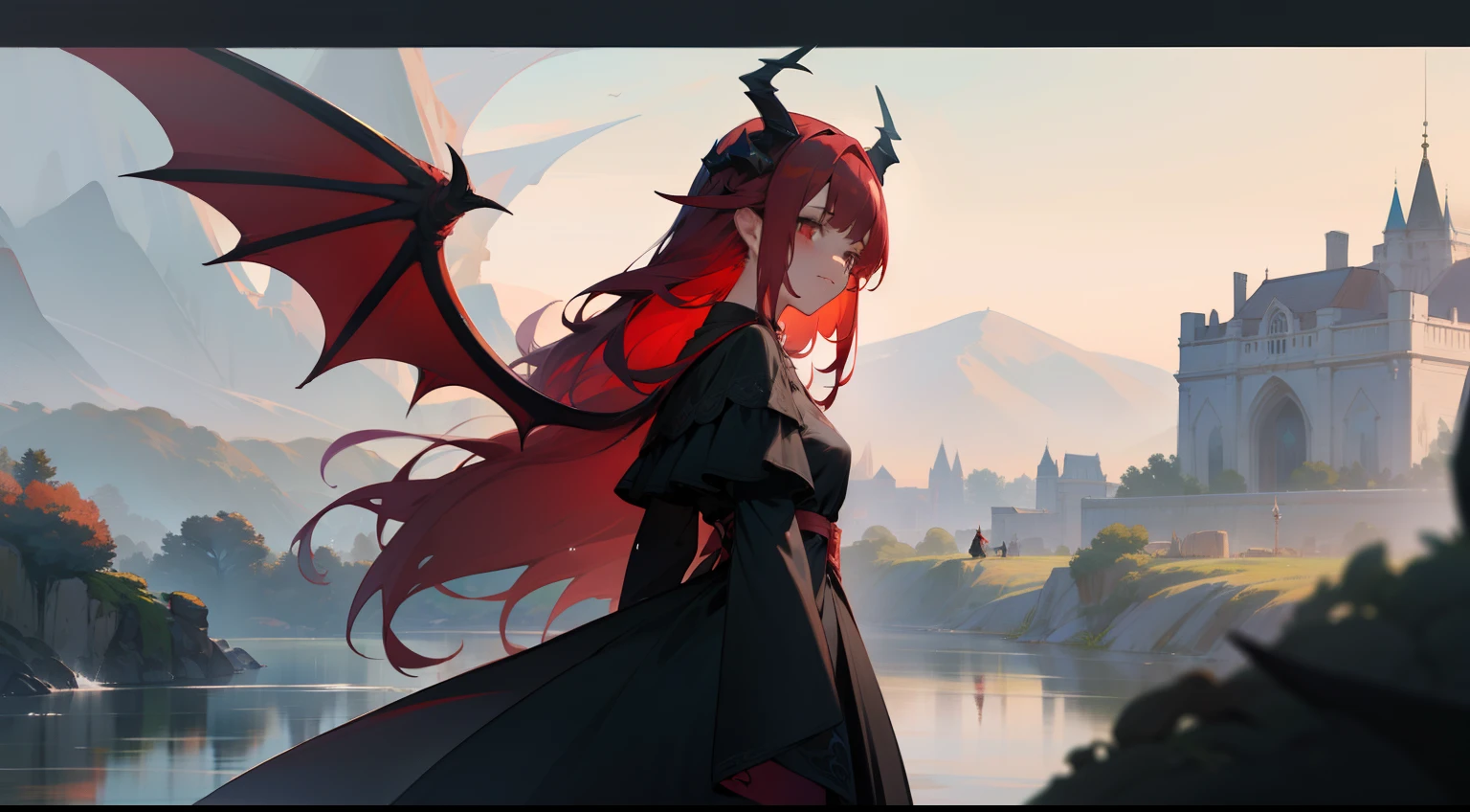 one-girl，black-clad，Red-haired demon，There is a pair of dragon wings on the back，Western fantasy，Fairytales，There is a pair of dragon horns on the head，Fly over the river，rios，On the river，Works of masters，A high resolution，Exquisite facial features