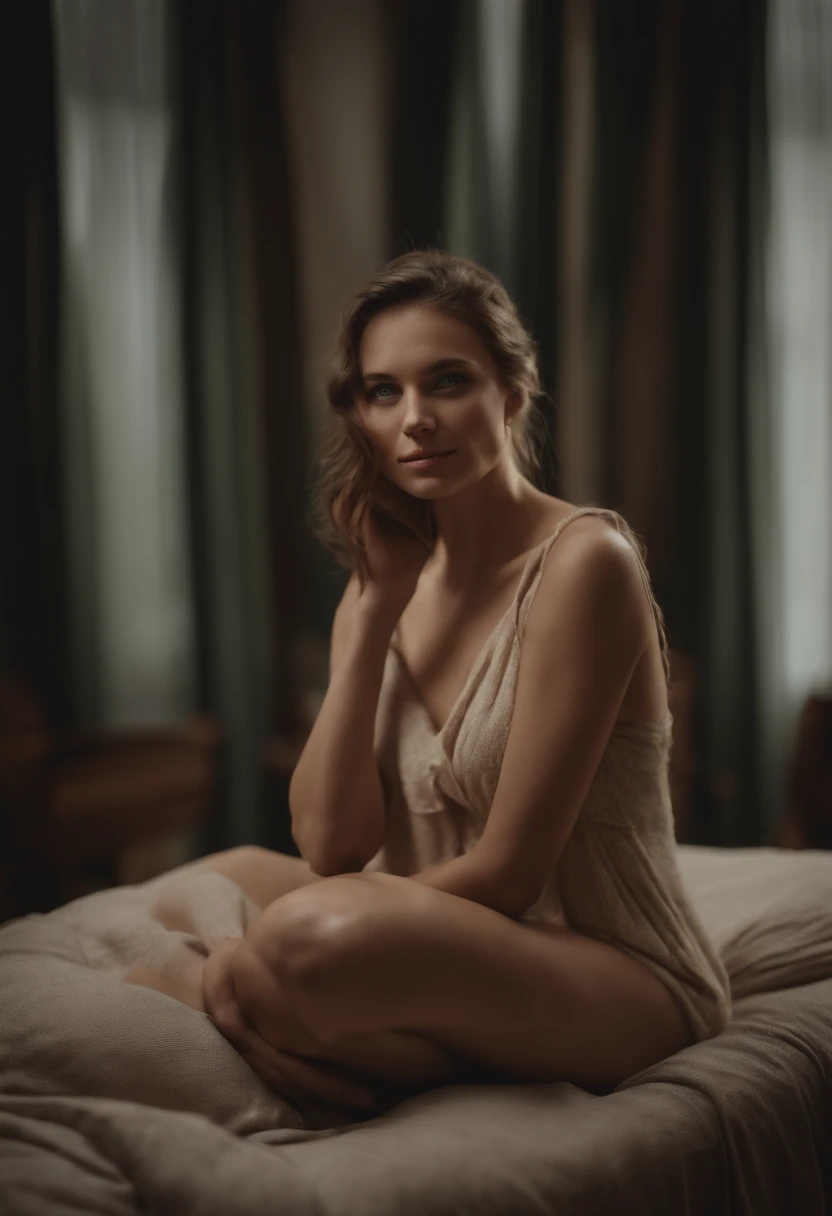 elizabeth olsen con ropa interior acostada en la cama, sin bra y medias transparentes