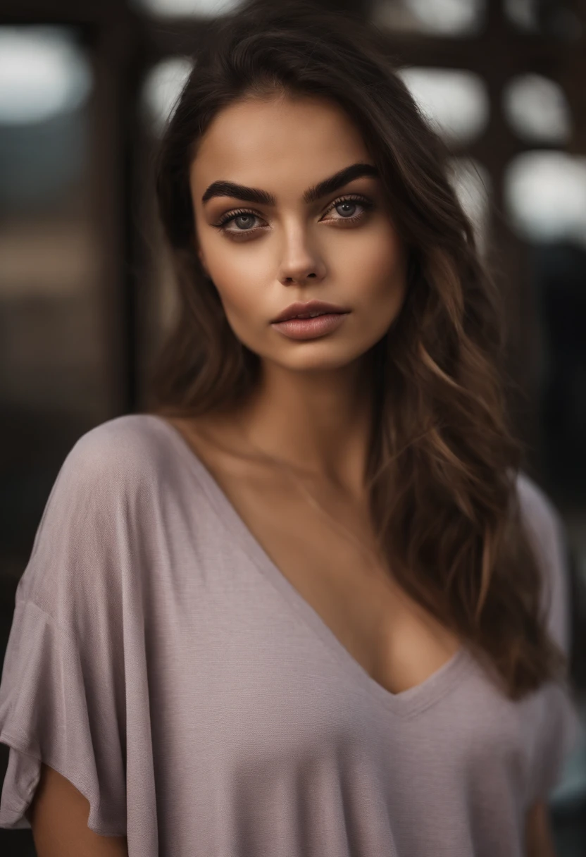 Arafed mujer con camiseta sin mangas y bragas a juego, Chica sexy con ojos marrones, Retrato Sophie Mudd, brown hair and large eyes, Selfie de una mujer joven, Violeta Myers, sin maquillaje, Maquillaje natural, staring directly into camera, Cara con Artgram, maquillaje sutil, Gran foto de cuerpo entero, en una discoteca, escote, Rockero y rebelde