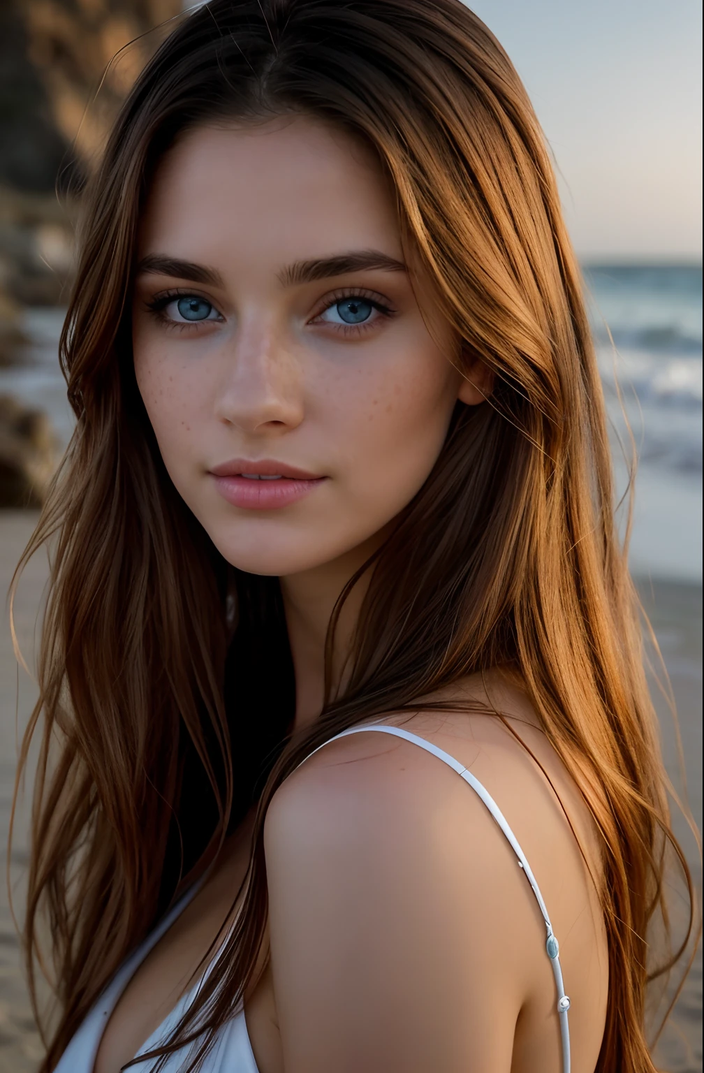 Gorgeous woman with long brown hair and blue eyes on a beach, portrait shot 8 k, beautiful female model, attractive beautiful face, photorealistic beautiful face, Beautiful, attraktives Gesicht, beautiful portrait photo, Beautiful face Freckles on the face, Cinematically beautiful natural skin, beautiful model girl, beautiful girl model, Beautiful portrait image, photo of a beautiful woman