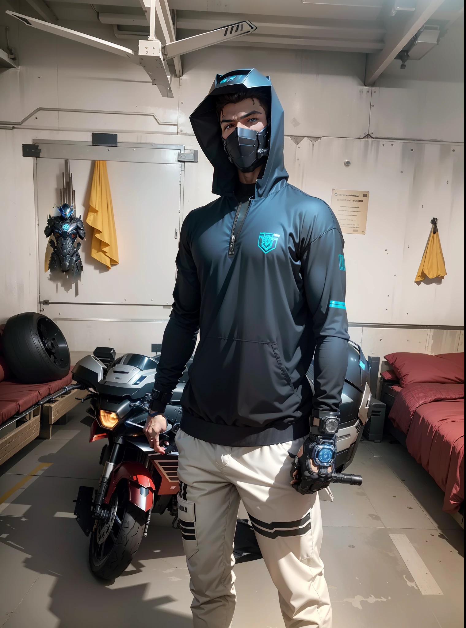 Cyber Muscle Young Male Warrior and Cyber Tech Mechanical Motorcycle Wearing Mecha Suit Helmet, Nousr, Biomechanics, MSHN Robot Man, Cyber Tech Full Surround Helmet, Surreal, Steel, Intricate Design, Crazy Detail, Fine Detail, Extremely Clear Lines, Cinematic Lighting, Photo Realistic, Detailed Masterpiece