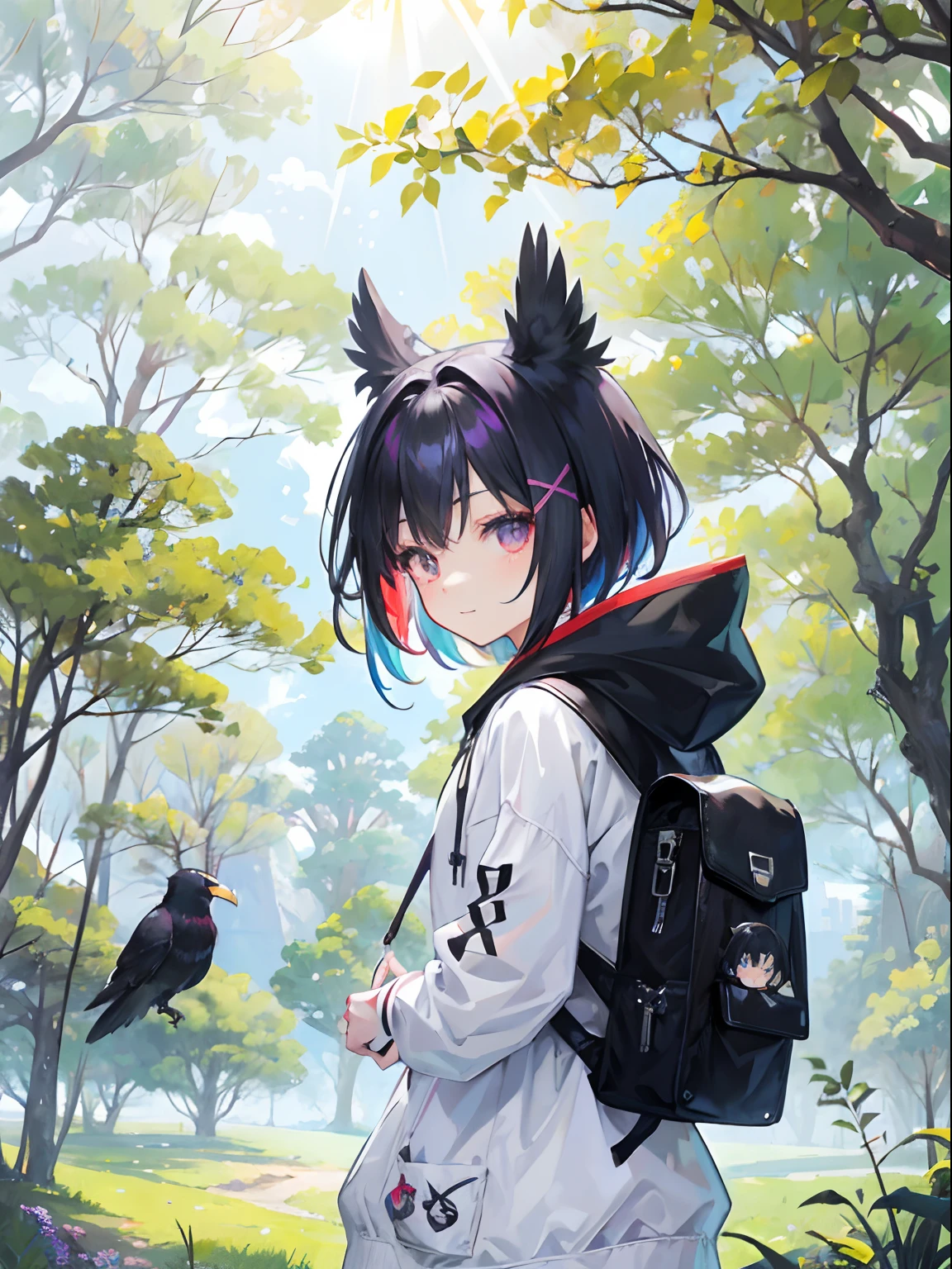 Create an image of a picturesque park bathed in warm, late afternoon sunlight. The park features rolling green hills, scattered trees with leaves gently swaying in the breeze, and colorful wildflowers blooming along a winding pathway. In the foreground, near the base of the largest hill, depict two adorable chibi characters, Raven boy and Hoodie girl. Raven, on the left, is a chibi raven boy with a distinctive raven-themed appearance. He wears a stylish, black hoodie adorned with intricate raven feathers and sports a raven-shaped head. His expression radiates excitement and curiosity as he gazes at the treasure map. Hoodie girl, on the right, is a chibi girl dressed in a cute, pastel-colored hoodie with a playful design featuring adorable critters. She carries a small, well-worn backpack on one shoulder, hinting at her adventurous spirit. Her face is lit up with an eager and cheerful smile as she leans in close to examine the treasure map with Raven boy. The treasure map, partially unfurled between them, is weathered and aged, showing signs of past adventures. It prominently displays a marked "X" in a bold, vibrant red circle, indicating the treasure's location. Rays of sunlight filter through the trees, casting warm, dappled shadows across the scene, creating a tranquil and inviting atmosphere in the park.