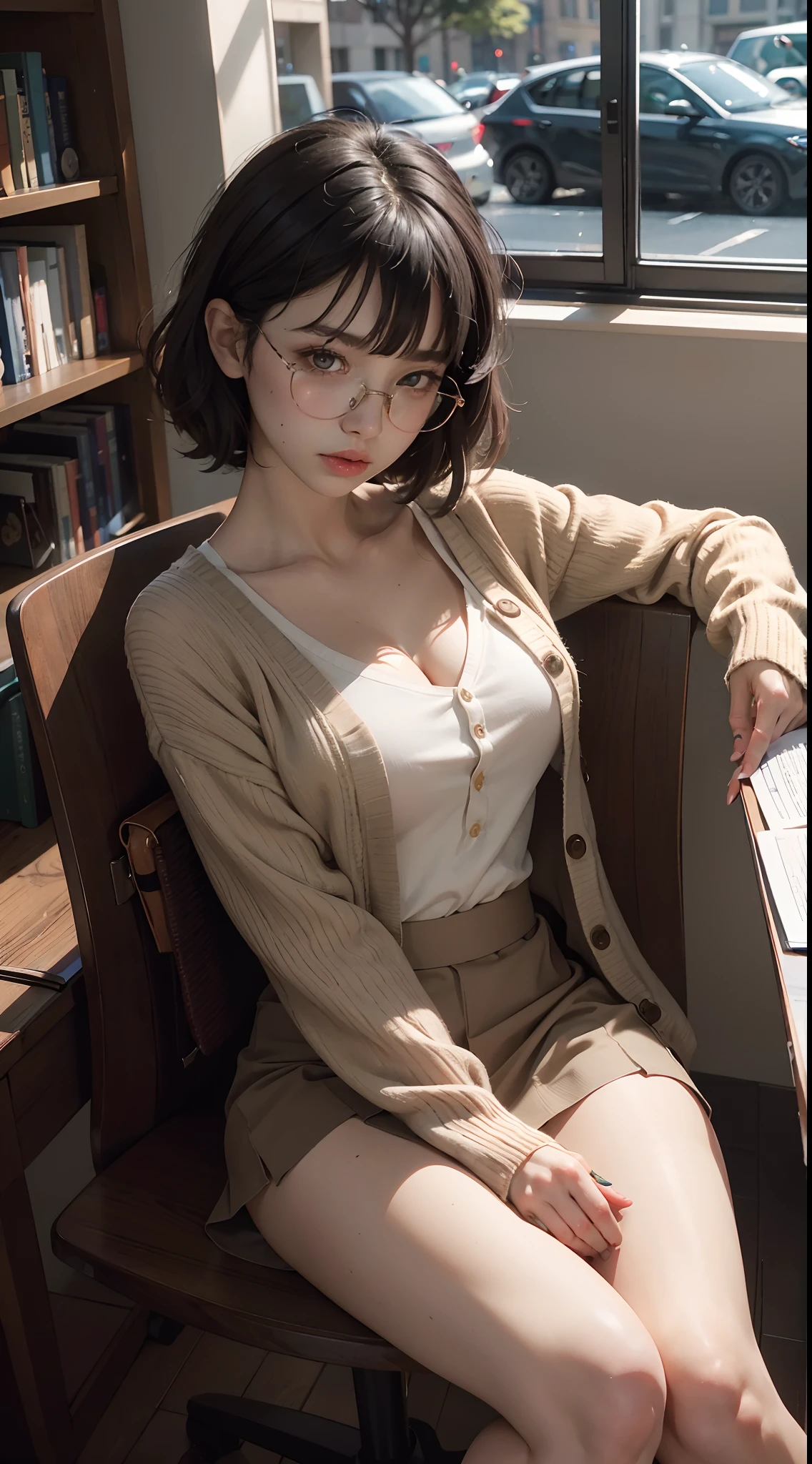fantastic realism, bokeh, 1girl (30 years old),brown slin,gigantic breasts,hard nipple,slim waist,wide hips,thick thighs,sitting on chair in a library, cross-legs,reading, yellow pupil,with glasses,blush,shy,A small amount of freckles, ((brown cardigan and green shirt and gray skirt and black pantyhose)), wavy black hair,medium short hair,blunt bangs, nsfw, beautifully detailed woman, beautifully detailed mouth, extremely detailed eyes and face, beautiful detailed eyes,