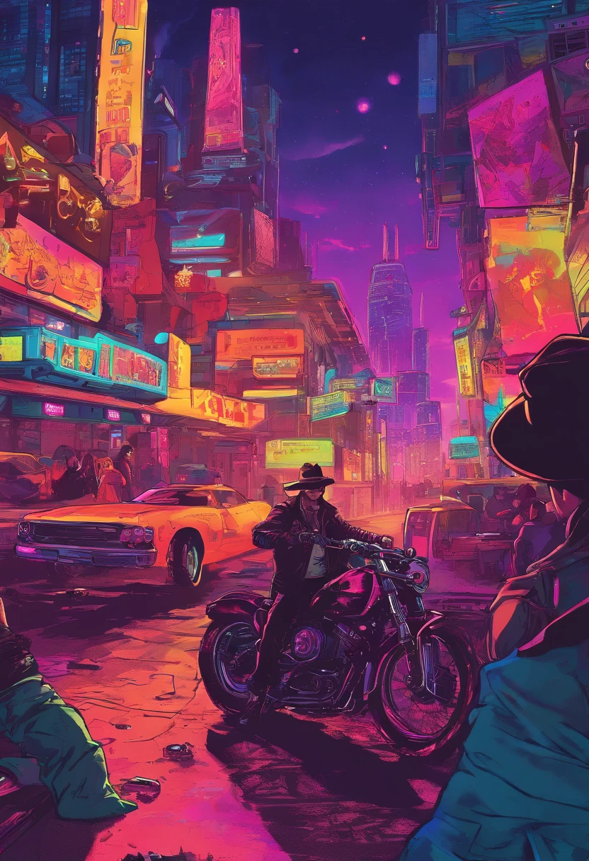 (best quality,4k,8k,highres,masterpiece:1.2),ultra-detailed,realistic,cyberpunk sheriff Johnny Cash,glowing neon lights,leather jacket,cybernetic arm,cowboy hat,expressive eyes,silver stubble,gritty urban cityscape,retro-futuristic setting,smoke-filled streets,reflective sunglasses,dystopian atmosphere,music-themed tattoos,electric guitar,barbed wire,technological enhancements,bionic implants,futuristic weaponry,steel spurs,concrete jungle,nighttime adventure,high-tech revolver,fierce determination,hard-boiled detective,western-inspired cyberpunk,dark and moody color palette,flare of blue and purple hues,dynamic lighting,heavily modified motorcycle,metallic accents,fast-paced action,smoky alleyways,looming skyscrapers,artificial intelligence companion,crowded nightclubs,holographic billboards,explosions of vibrant colors,sepia-toned memories,disguised justice,sharp shadows and highlights,high contrast visuals,retro analog vibe,lone wolf in the metropolis,blend of past and future,unforgiving wasteland,energy surges,techno-music soundtrack,backlit silhouettes,gritty aura of rebellion.