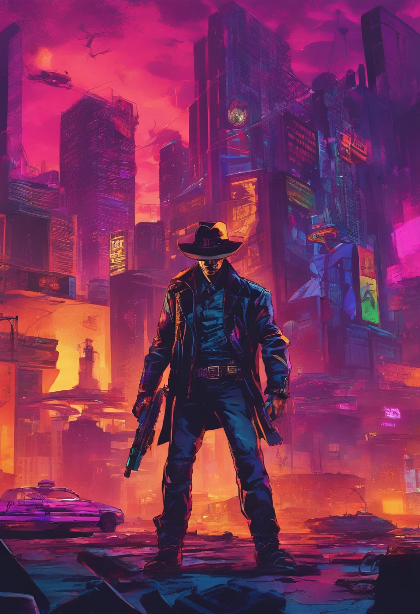 (best quality,4k,8k,highres,masterpiece:1.2),ultra-detailed,realistic,cyberpunk sheriff Johnny Cash,glowing neon lights,leather jacket,cybernetic arm,cowboy hat,expressive eyes,silver stubble,gritty urban cityscape,retro-futuristic setting,smoke-filled streets,reflective sunglasses,dystopian atmosphere,music-themed tattoos,electric guitar,barbed wire,technological enhancements,bionic implants,futuristic weaponry,steel spurs,concrete jungle,nighttime adventure,high-tech revolver,fierce determination,hard-boiled detective,western-inspired cyberpunk,dark and moody color palette,flare of blue and purple hues,dynamic lighting,heavily modified motorcycle,metallic accents,fast-paced action,smoky alleyways,looming skyscrapers,artificial intelligence companion,crowded nightclubs,holographic billboards,explosions of vibrant colors,sepia-toned memories,disguised justice,sharp shadows and highlights,high contrast visuals,retro analog vibe,lone wolf in the metropolis,blend of past and future,unforgiving wasteland,energy surges,techno-music soundtrack,backlit silhouettes,gritty aura of rebellion.