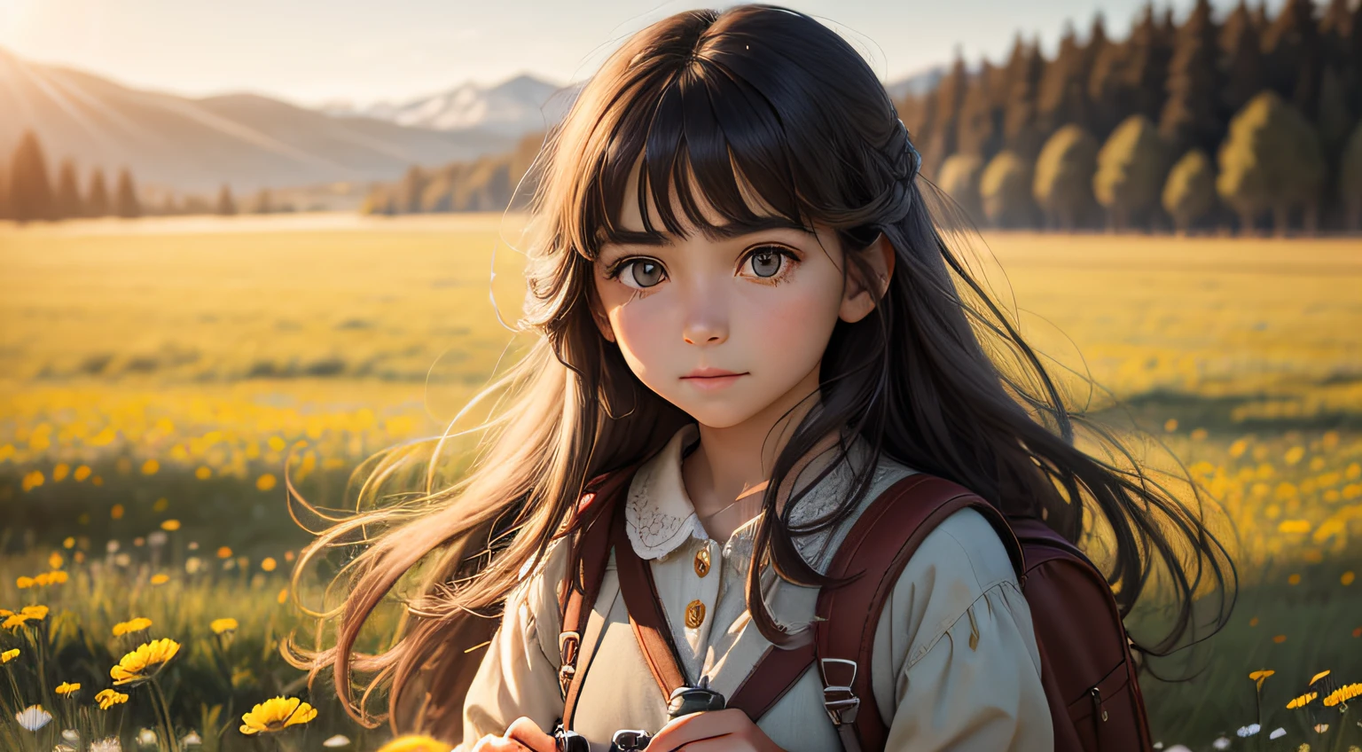 Elif,a girl,long hair,on a grassland,looking into the distance,curious eyes and gentle smile,in a cozy outfit,holding a magnifying glass,with a small backpack, surrounded by colorful flowers,soft sunlight illuminating her face, vibrant colors,photographic style,best quality,ultra-detailed,realistic,with a touch of dreamy atmosphere.