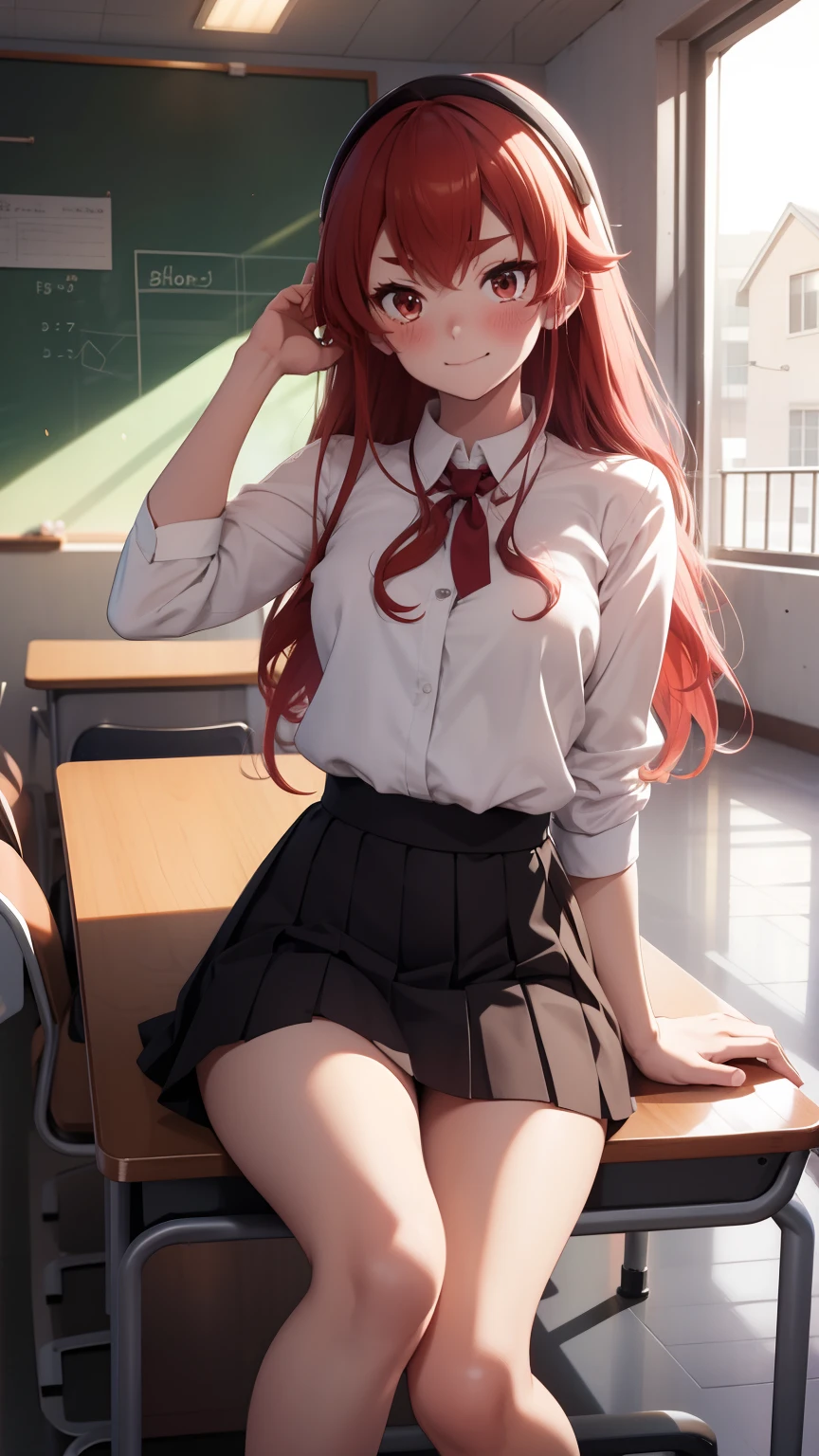 embarrassed, blushing, smile, you can see the white panties under the skirt, lifts her skirt with one hand, panties peeking out from under your skirt., spread-legged position in school desk, knees apart, red hair, school uniform, mini-skirts, Hi-Res, 1girl in, Cute anime illustration