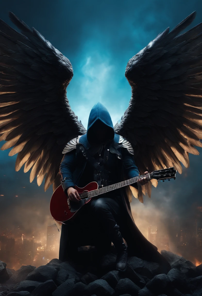 realistic, 4k, cinematic, an angel with big wings on his back, a guitar in his hand, black clothes, a sword, a hood on his head in the blue background image of war city (chaos), masterpiece
