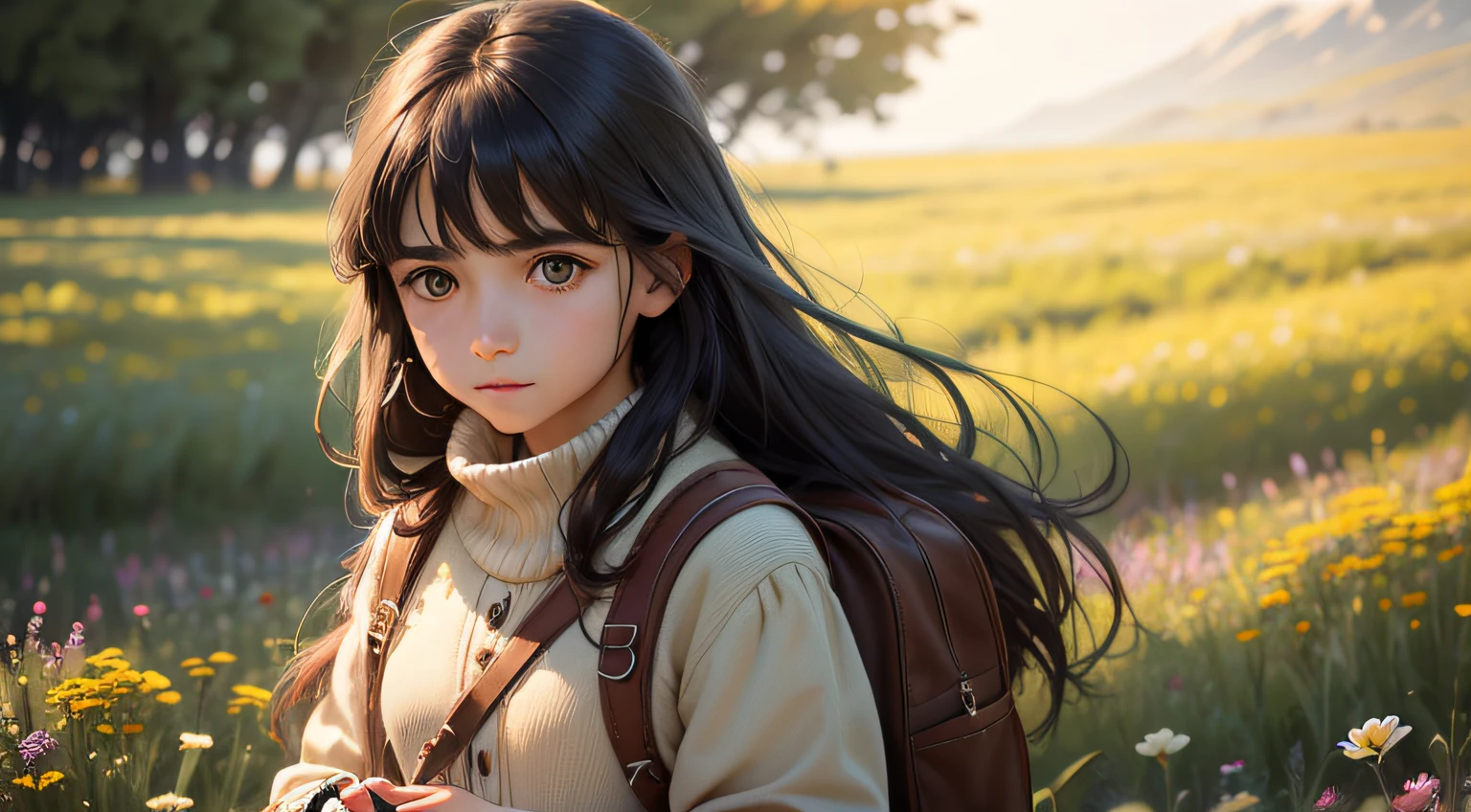 Elif,a girl,long hair,on a grassland,looking into the distance,curious eyes and gentle smile,in a cozy outfit,holding a magnifying glass,with a small backpack, surrounded by colorful flowers,soft sunlight illuminating her face, vibrant colors,photographic style,best quality,ultra-detailed,realistic,with a touch of dreamy atmosphere.