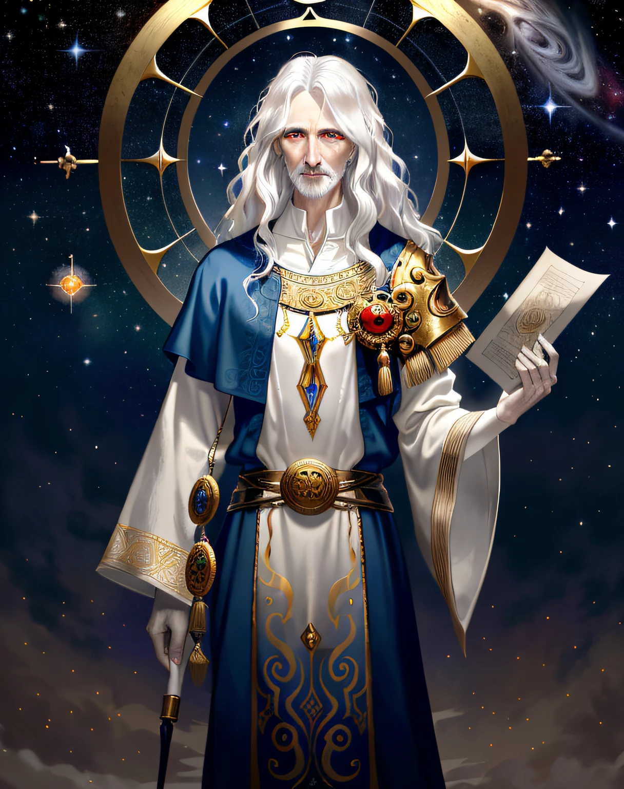extremely detailed, hyper detailed, (PERFECT FACE), ((detailed eyes)) illustration, low lighting, 2d, intricate, detailed eyes, sexy, toned, (outside), White hair, red eyes. Surrounded by white and silver and gold nebulae, stars, sidereal winds and planets. ((extremely realistic shadows, masterpiece, extremely detailed, photorealistic)). A male god, god of old age and the passage of time, holds a scroll of ancient parchment and in the other an hourglass. (1 70-year-old man) ((70 years old)), traces of old age around his eyes, (tired eyes) Apathetic expression, long wavy hair, wears an ancient Greek tunic, pale skin, ((Pale skin )).