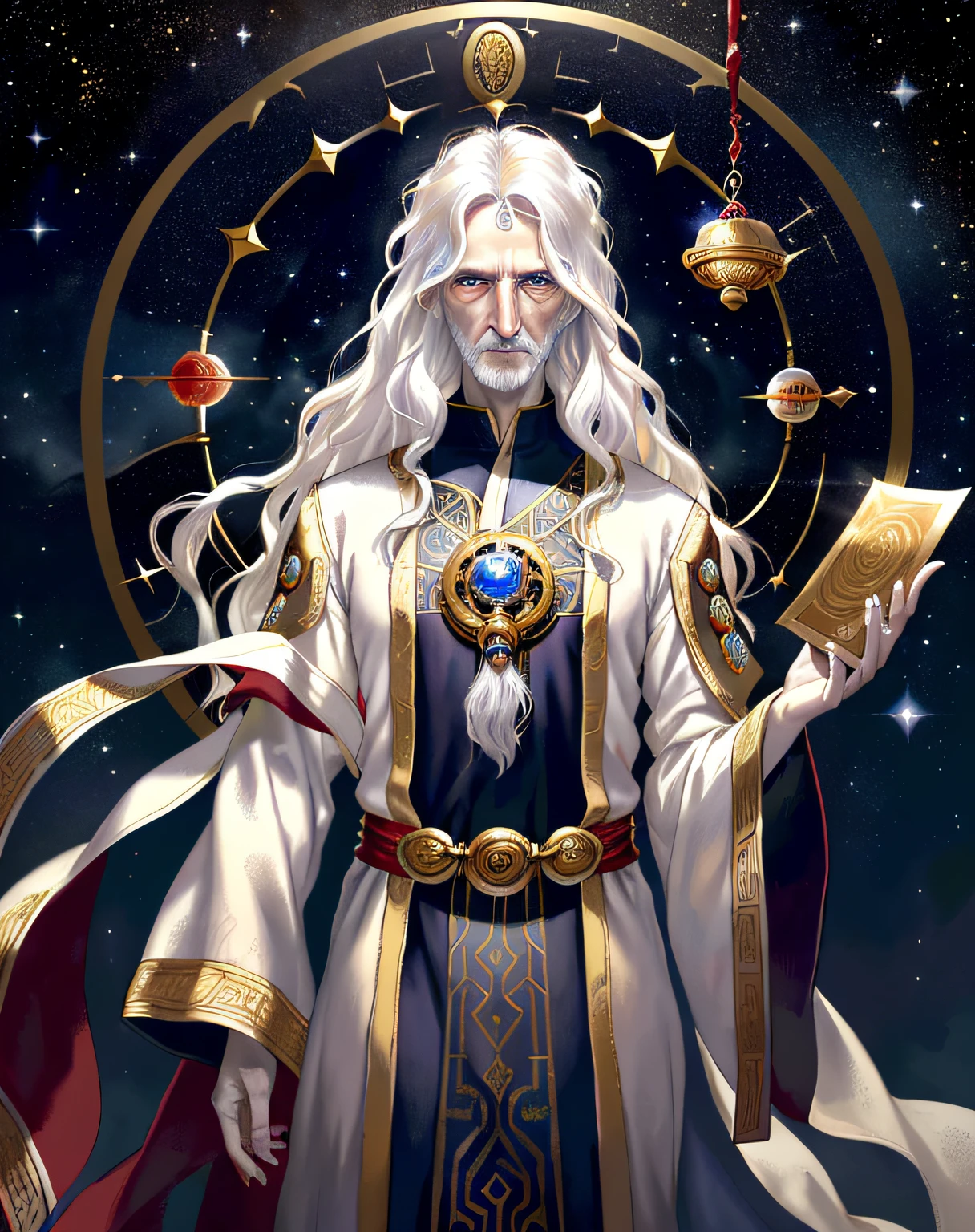 extremely detailed, hyper detailed, (PERFECT FACE), ((detailed eyes)) illustration, low lighting, 2d, intricate, detailed eyes, sexy, toned, (outside), White hair, red eyes. Surrounded by white and silver and gold nebulae, stars, sidereal winds and planets. ((extremely realistic shadows, masterpiece, extremely detailed, photorealistic)).  A male god, god of old age and the passage of time, holds a scroll of ancient parchment and in the other an hourglass. (1 70-year-old man) ((70 years old)), traces of old age around his eyes, (tired eyes) Apathetic expression, long wavy hair, wears an ancient Greek tunic, pale skin, ((Pale skin )).