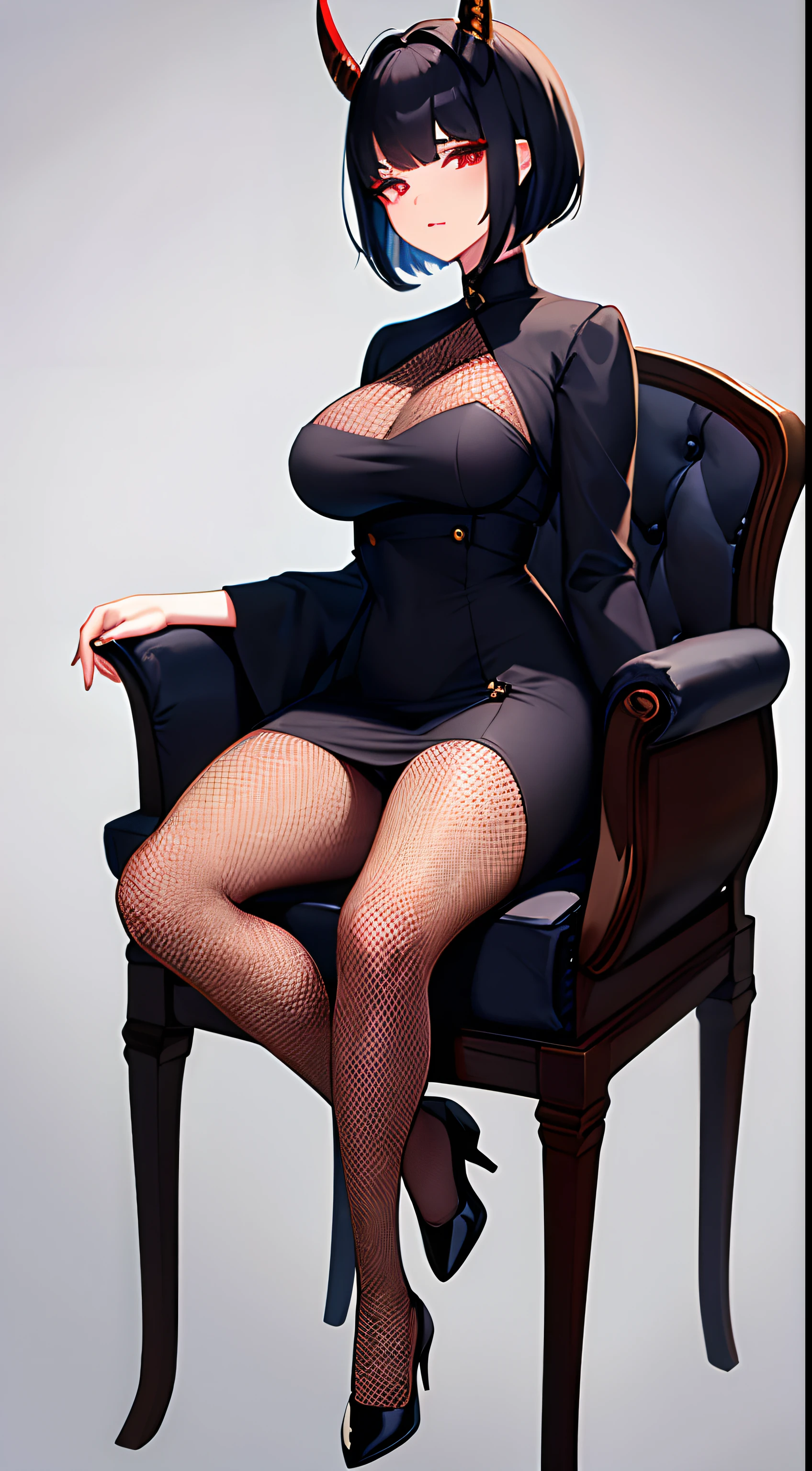 just 1 girl, short hair, black hair, medium chest, medium butty, royal dress, 2 short horns, horns on forehead, fringe, blue details on dress, brown horn, no background, white background, knee length dress, oni horn, fishnet pantyhose, full body, 25 years, chair, sitted on a chair