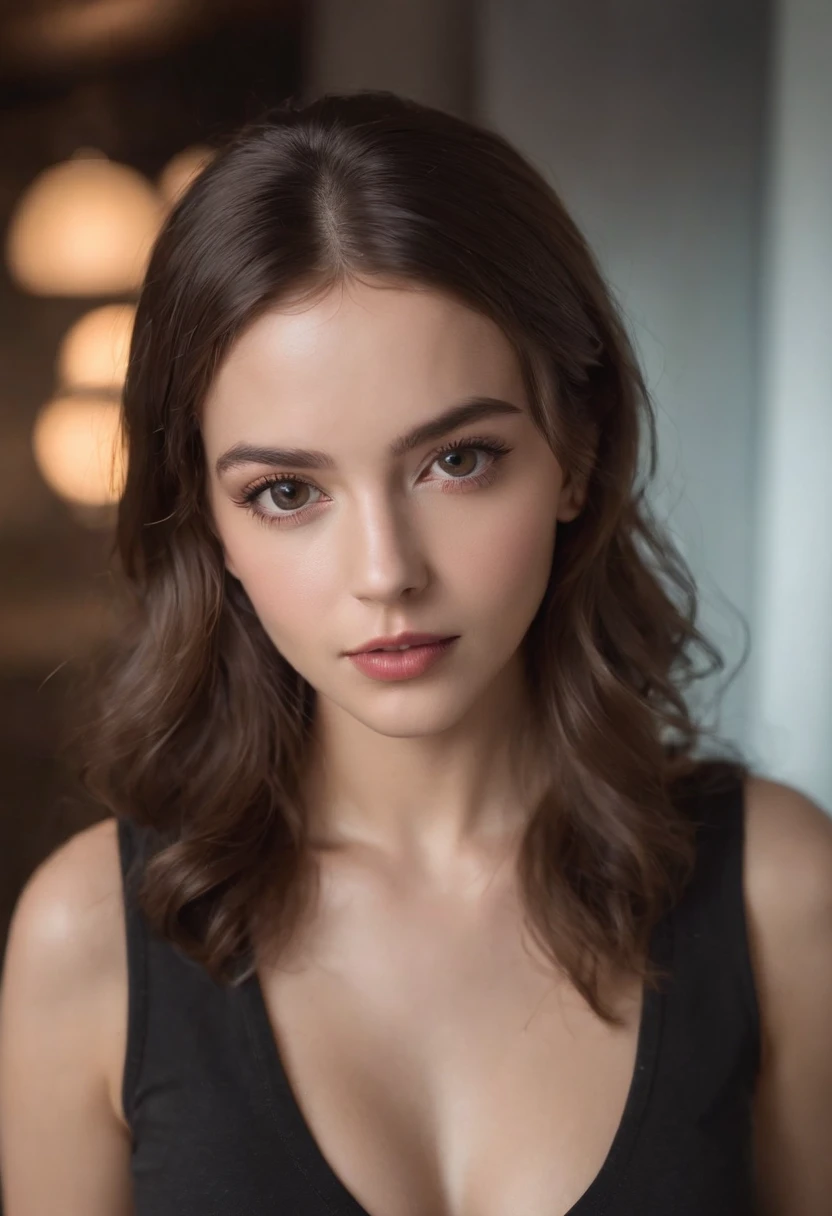 Arafed mujer con camiseta sin mangas y bragas a juego, Chica sexy con ojos marrones, Retrato Sophie Mudd, brown hair and large eyes, Selfie de una mujer joven, Violeta Myers, sin maquillaje, Maquillaje natural, staring directly into camera, Cara con Artgram, maquillaje sutil, Gran foto de cuerpo entero, en una discoteca, escote, Rockero y rebelde