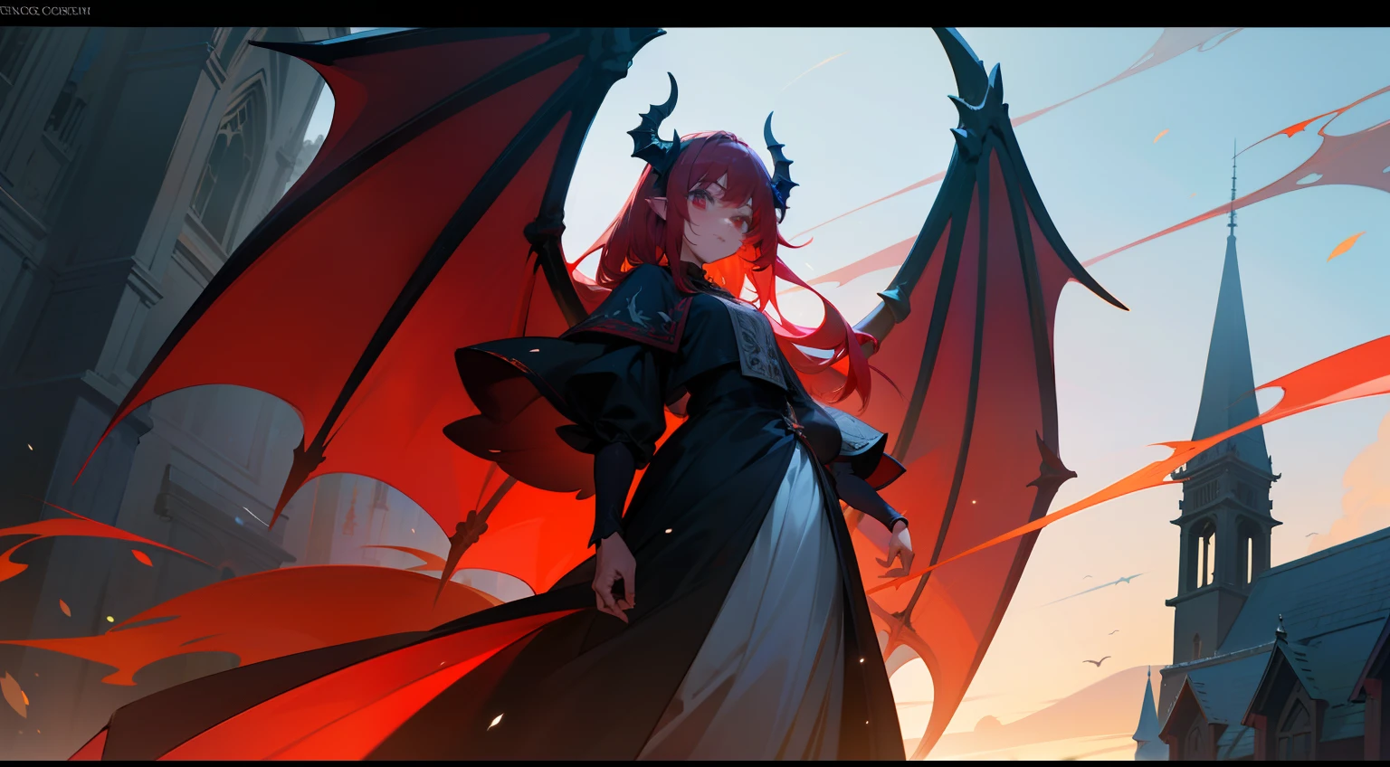 one-girl,black-clad,Red-haired demon,There is a pair of dragon wings on the back,Western fantasy,Fairytales,There is a pair of dragon horns on the head,Stand on top of the bell tower,Look down on the whole country,Western fantasy,Fairytales,Works of masters,A high resolution