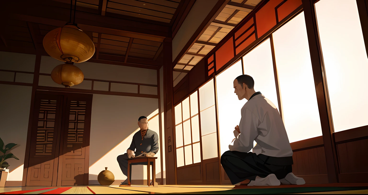 Two old kung fu masters in a dojo sitting across from each other, asian scrolls and art on walls, low fog on floor