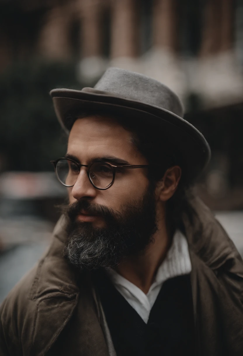 Homem gordo, 24 anos, eyeglass, bonnet, barba grande, standingn, corpo inteiro, fotografia, rua escuro, 8k, realismo, roupas inverno