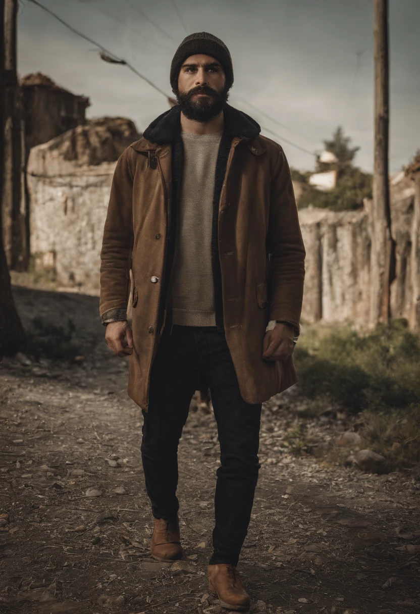 Homem gordo, 24 anos, eyeglass, bonnet, barba grande, standingn, corpo inteiro, fotografia, rua escuro, 8k, realismo, roupas inverno