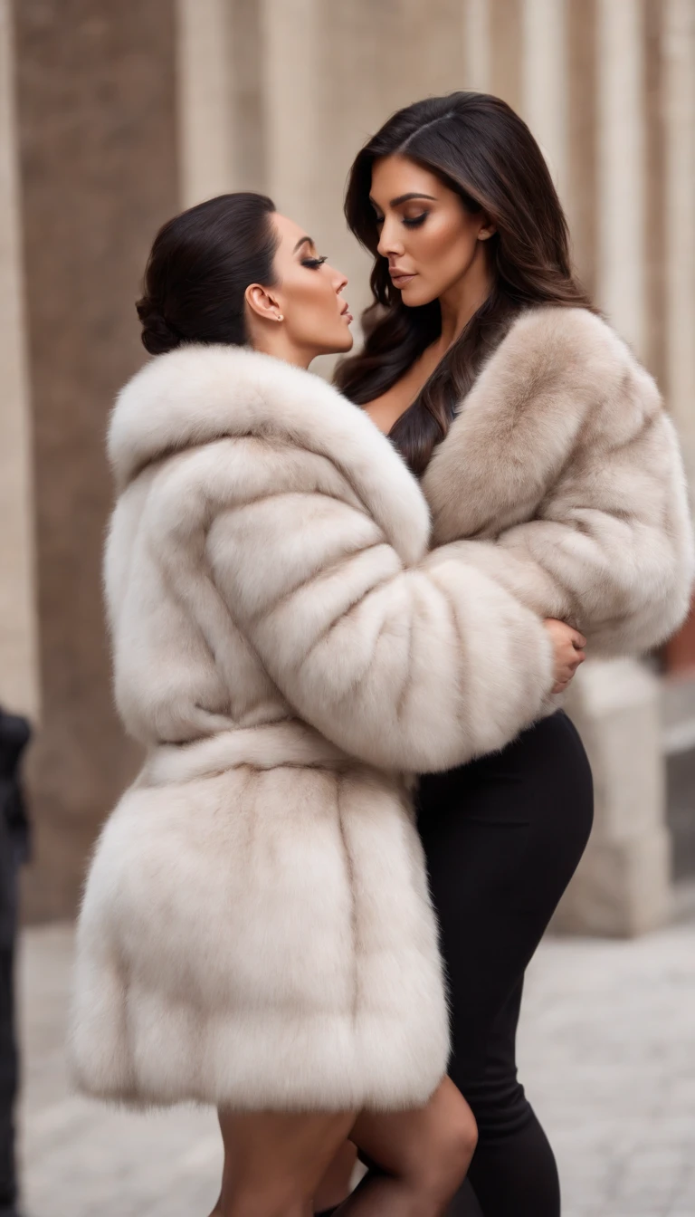 The image of a Kim Kardashian in a fur coat and stockings kissing with boy