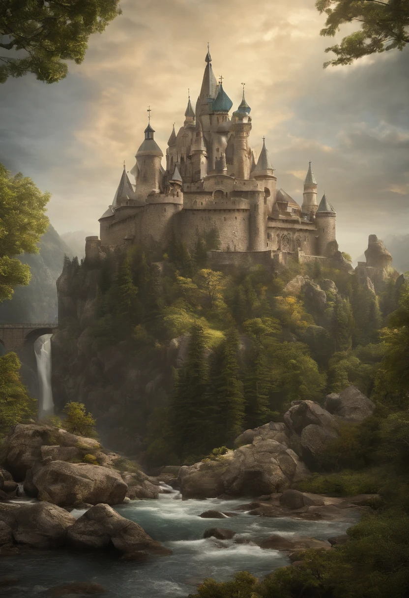 A large castle with a huge, intricately shaped green roof standing on top of a mountain.
It has a fantasy structure with floating ships, buildings and crystals in the air, and trees growing below.
The fantasy element is very strong.
The bridge over the castle makes people excited to go there.
There is a large statue of a goddess that serves as a symbol.
There is also a church where many people come to pray every day.