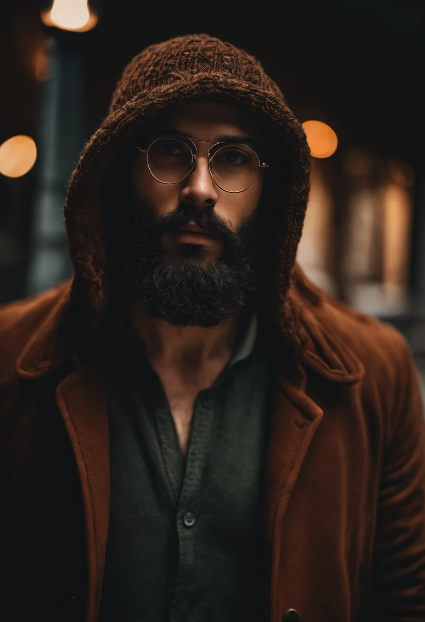 Homem gordo, 24 anos, eyeglass, bonnet, barba grande, standingn, corpo inteiro, fotografia, rua escuro, 8k, realismo, roupas inverno, basquete