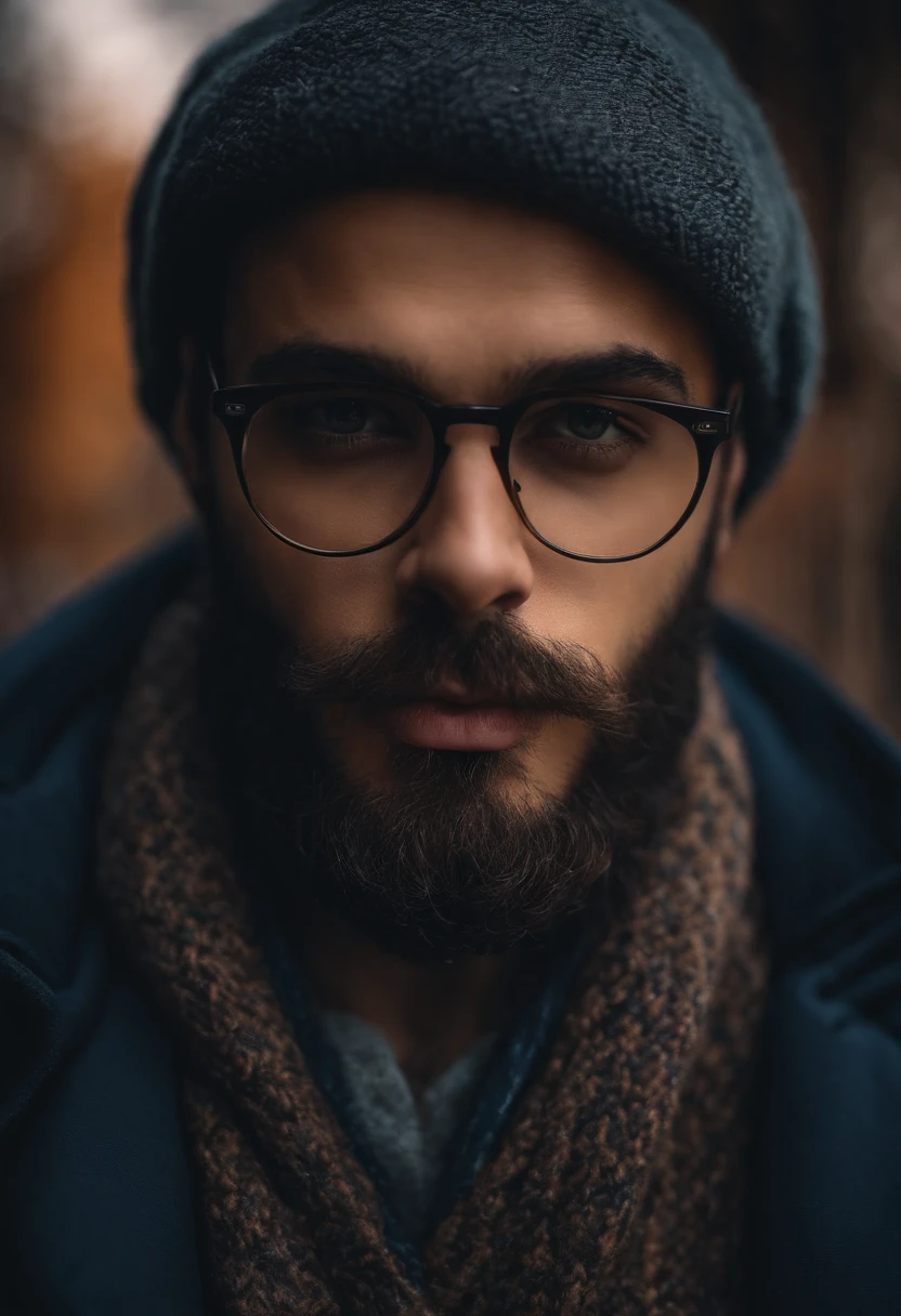 Homem gordo, 24 anos, eyeglass, bonnet, barba grande, standingn, corpo inteiro, fotografia, rua escuro, 8k, realismo, roupas inverno, basquete