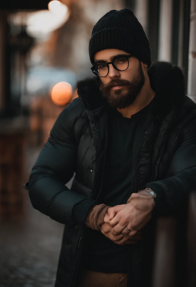 Homem gordo, 24 anos, eyeglass, bonnet, barba grande, standingn, corpo inteiro, fotografia, rua escuro, 8k, realismo, roupas inverno, basquete