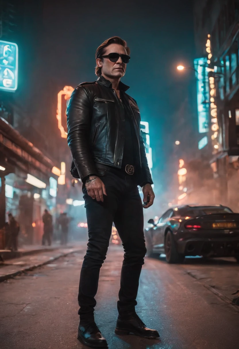 (best quality,4k,8k,Altas,master part:1.2),ultra-detalhado,Realistic,xerife cyberpunk Johnny Cash,glowing neon lights,leather jacket,cybernetic arm,cowboy hat,olhos expressivos,restolho de prata,paisagem urbana arenosa,retro-futuristic setting,Smoke-filled streets,reflective sunglasses,dystopian atmosphere,tatuagens com tema musical,Electric guitar,arame farpado,Technological enhancements,bionic implants,Armamento futurista,steel spurs,selva de pedra,aventura noturna,High-tech revolver,Fierce determination,Detetive fervido,Western-inspired cyberpunk,paleta de cores escura e mal-humorada,Flare de tons azuis e roxos,dynamic lighting,motocicleta fortemente modificada,metallic details,fast-paced action,smoky alleys,impending skyscrapers,Artificial Intelligence Companion,Casas noturnas lotadas,Holographic billboards,explosions of vibrant colors,Sepia-toned memories,Justice in disguise,Sharp shadows and enhancements,Visuais de alto contraste,Retro analog vibe,Lone wolf in the metropolis,mistura de passado e futuro,Unforgiving wastelands,picos de energia,trilha sonora de techno-music,silhuetas retroiluminadas,aura de rebeldia.